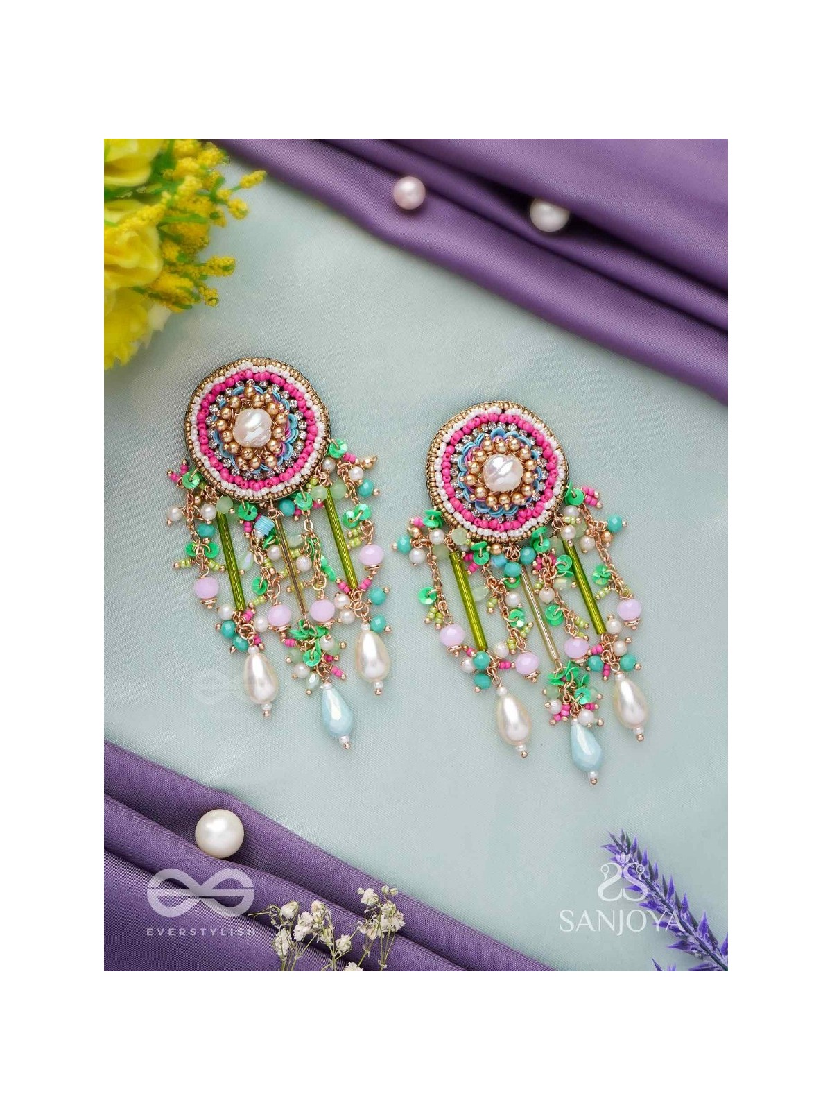 MANJUSUMANA - BEAUTIFUL BLOSSOM - HAND EMBROIDERED COLOURFUL EARRINGS WITH CIRCULAR MOTIF EMBELLISHED WITH BEADS AND DECORATIVE FRINGES