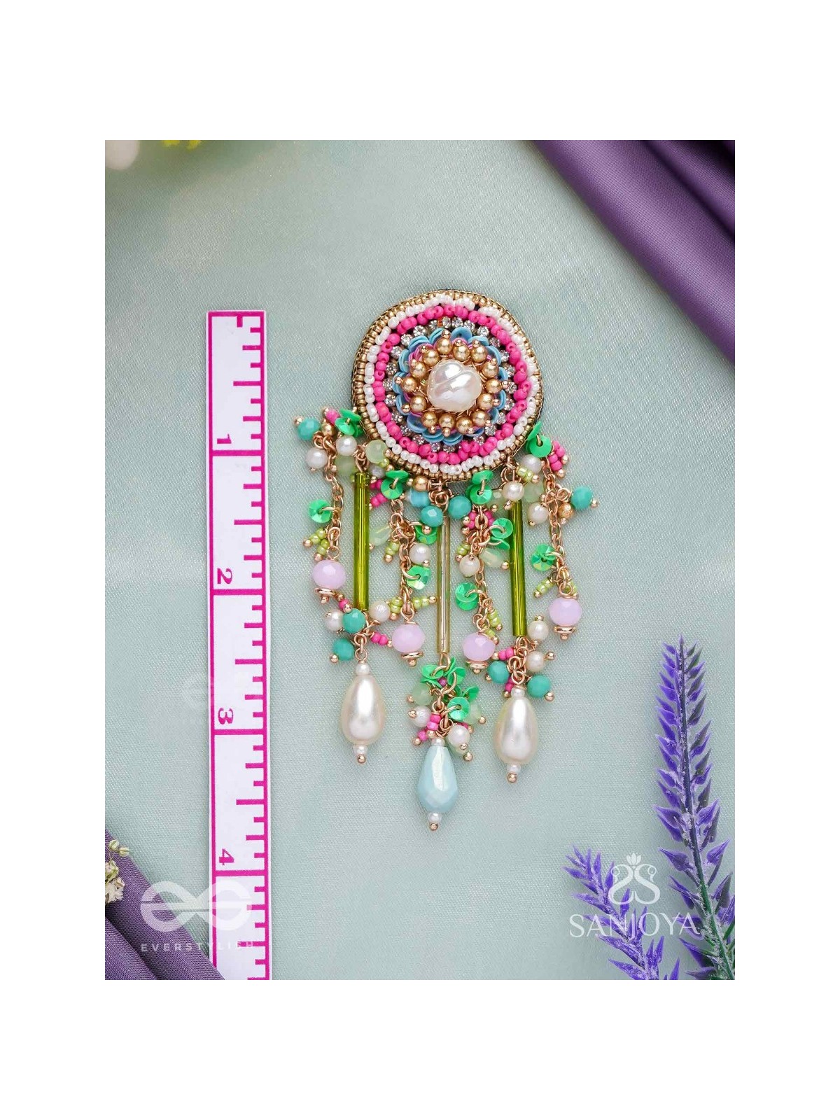 MANJUSUMANA - BEAUTIFUL BLOSSOM - HAND EMBROIDERED COLOURFUL EARRINGS WITH CIRCULAR MOTIF EMBELLISHED WITH BEADS AND DECORATIVE FRINGES