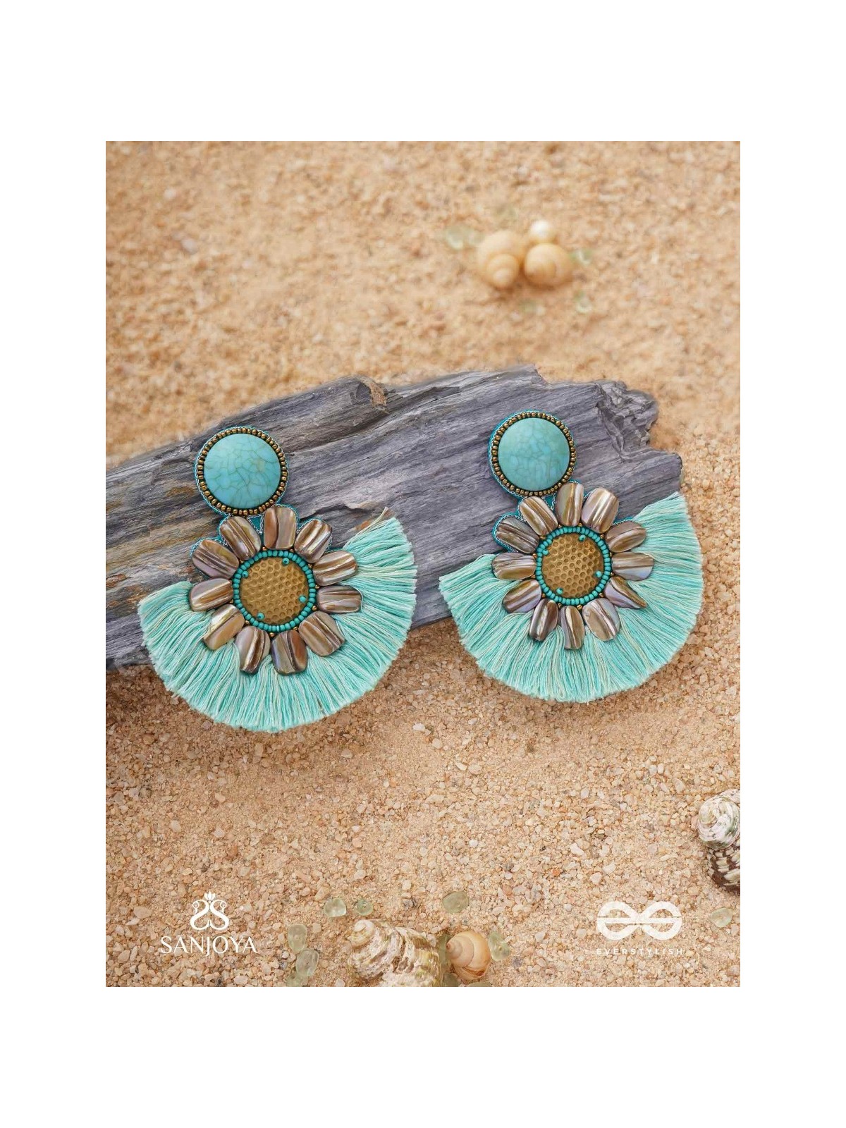 Vibhusitpuspa - the adorned flower - embroidered flower earrings with turquoise tassles