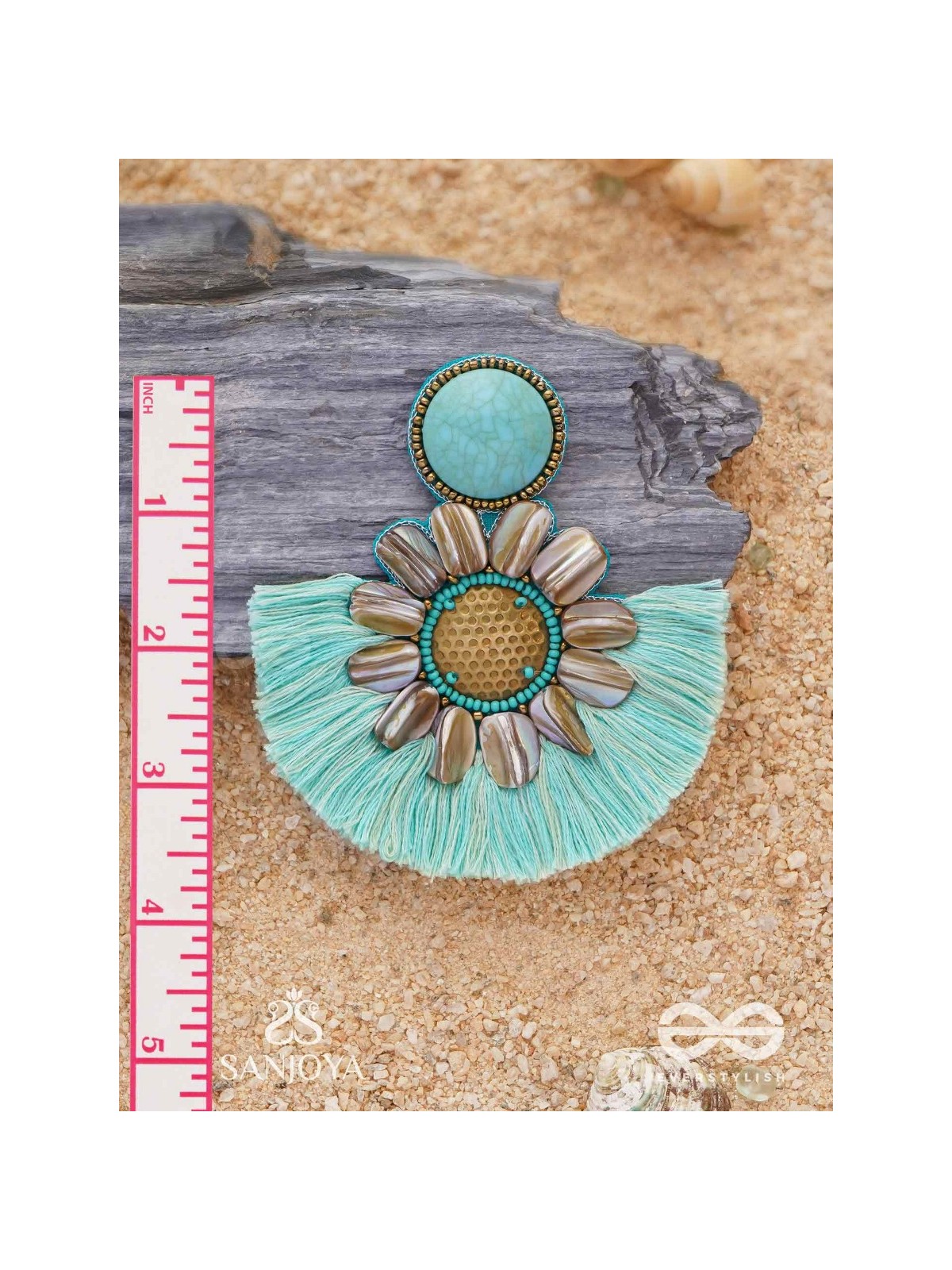 Vibhusitpuspa - the adorned flower - embroidered flower earrings with turquoise tassles