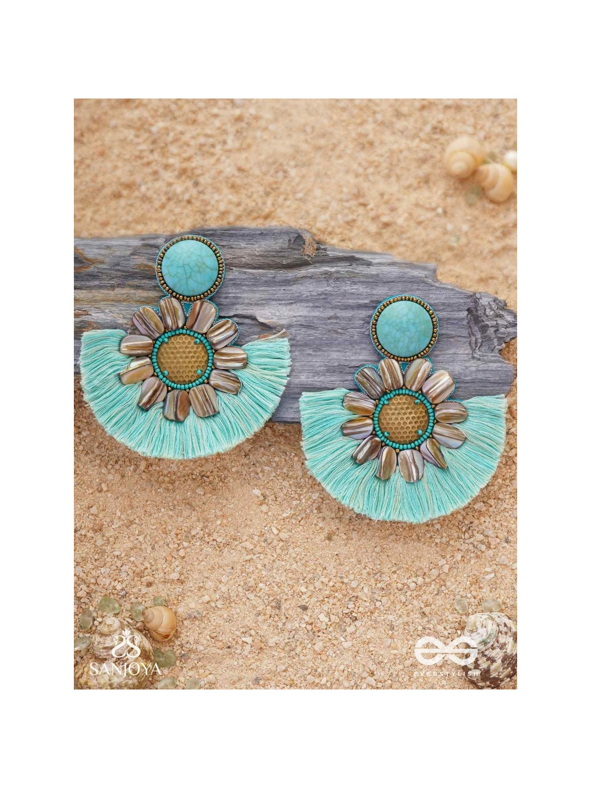 Vibhusitpuspa - the adorned flower - embroidered flower earrings with turquoise tassles