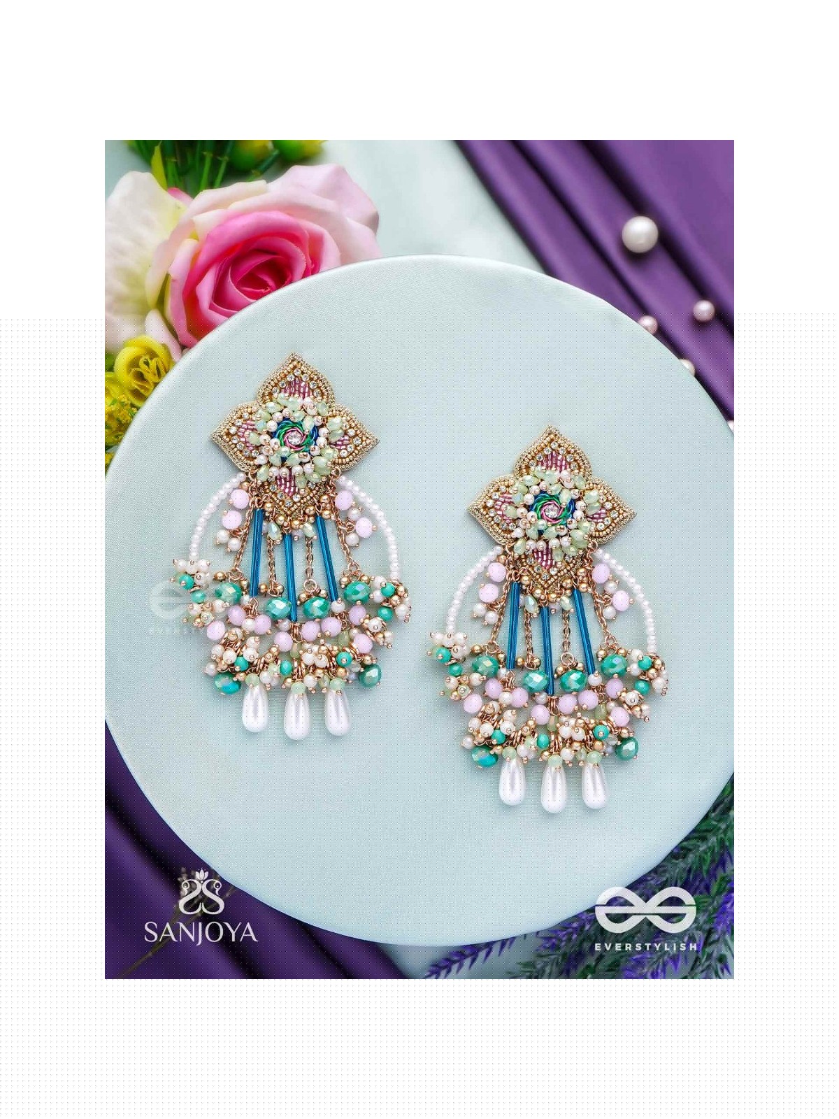Vasudhara - The flow of colours - Pastel embroidered earrings adorned with beads and pearl danglers