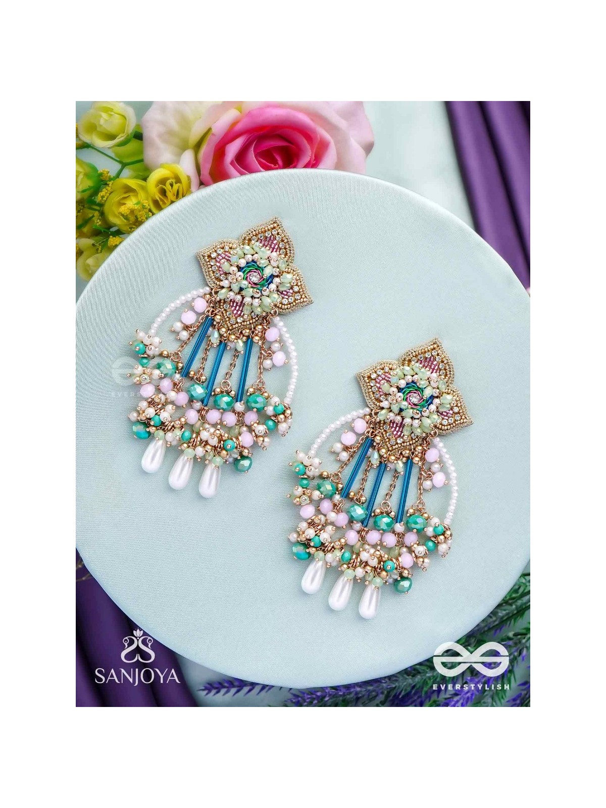 Vasudhara - The flow of colours - Pastel embroidered earrings adorned with beads and pearl danglers