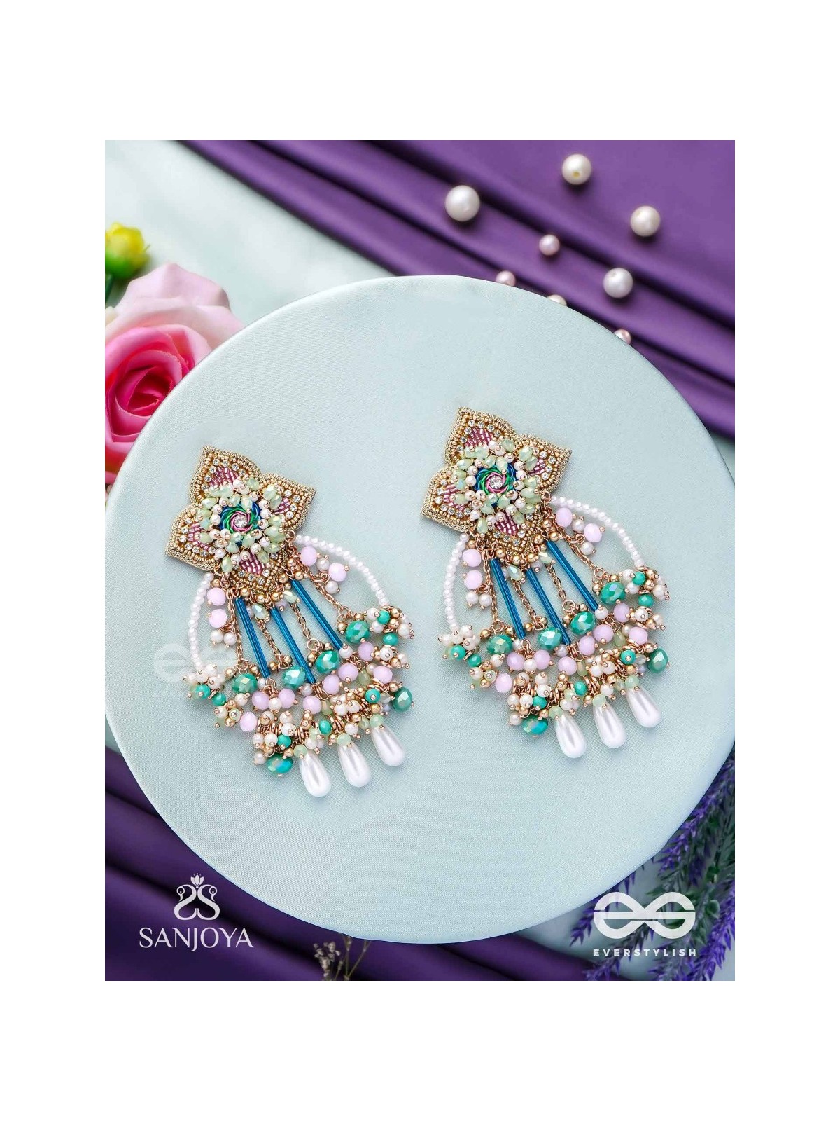 Vasudhara - The flow of colours - Pastel embroidered earrings adorned with beads and pearl danglers