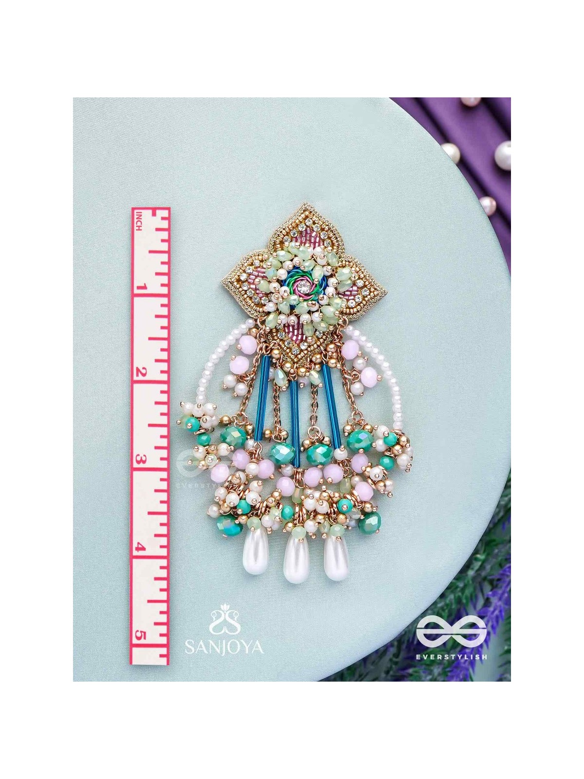 Vasudhara - The flow of colours - Pastel embroidered earrings adorned with beads and pearl danglers