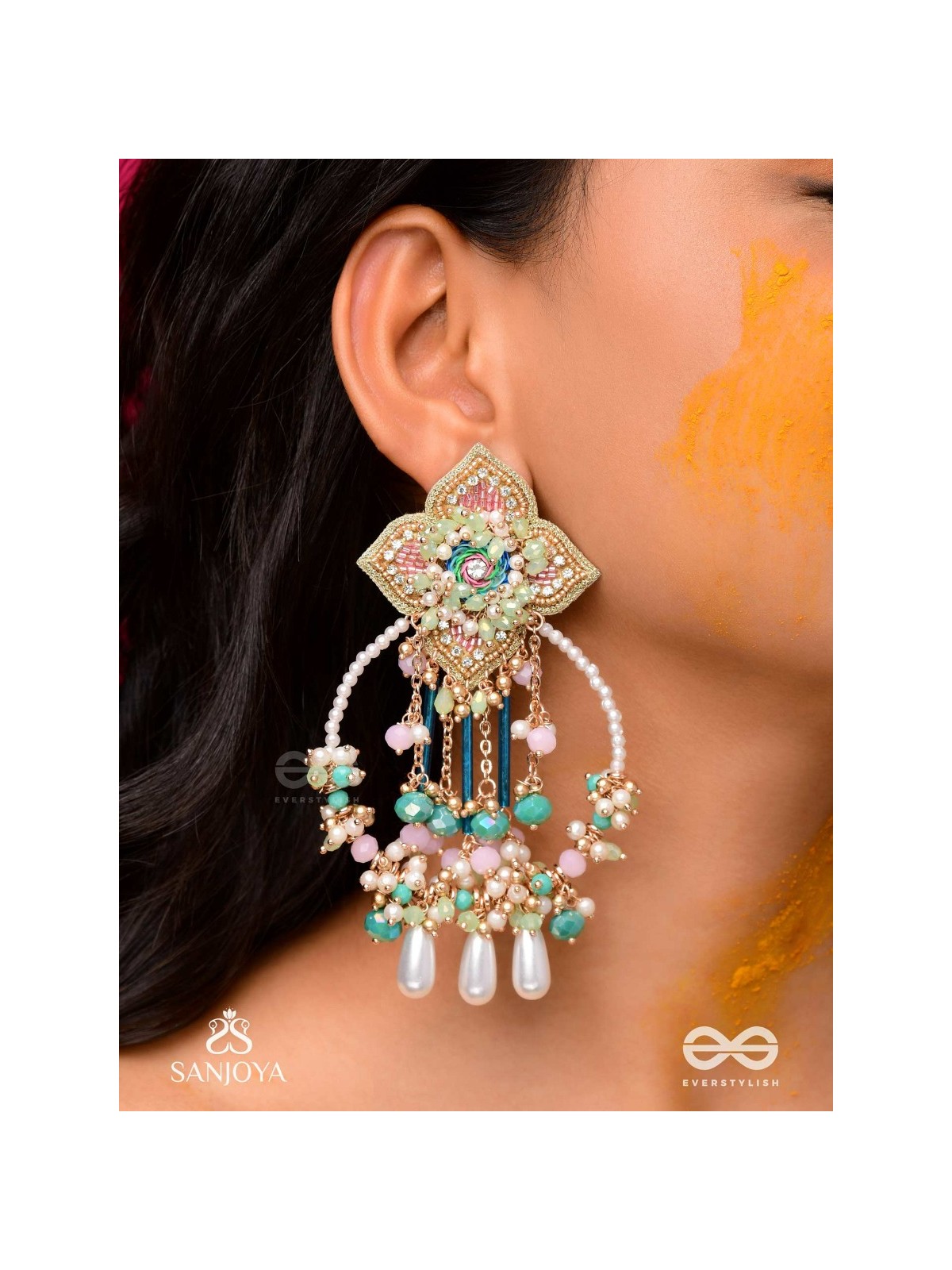Vasudhara - The flow of colours - Pastel embroidered earrings adorned with beads and pearl danglers