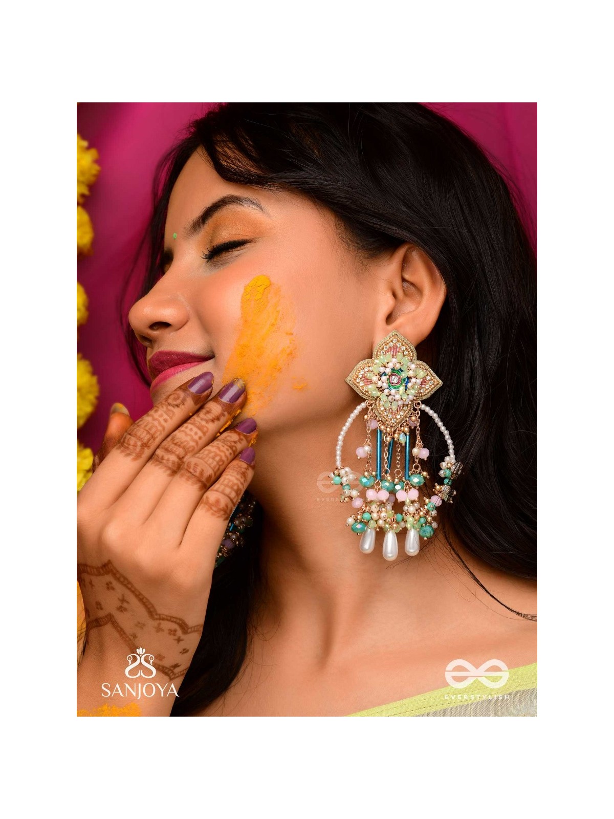 Vasudhara - The flow of colours - Pastel embroidered earrings adorned with beads and pearl danglers