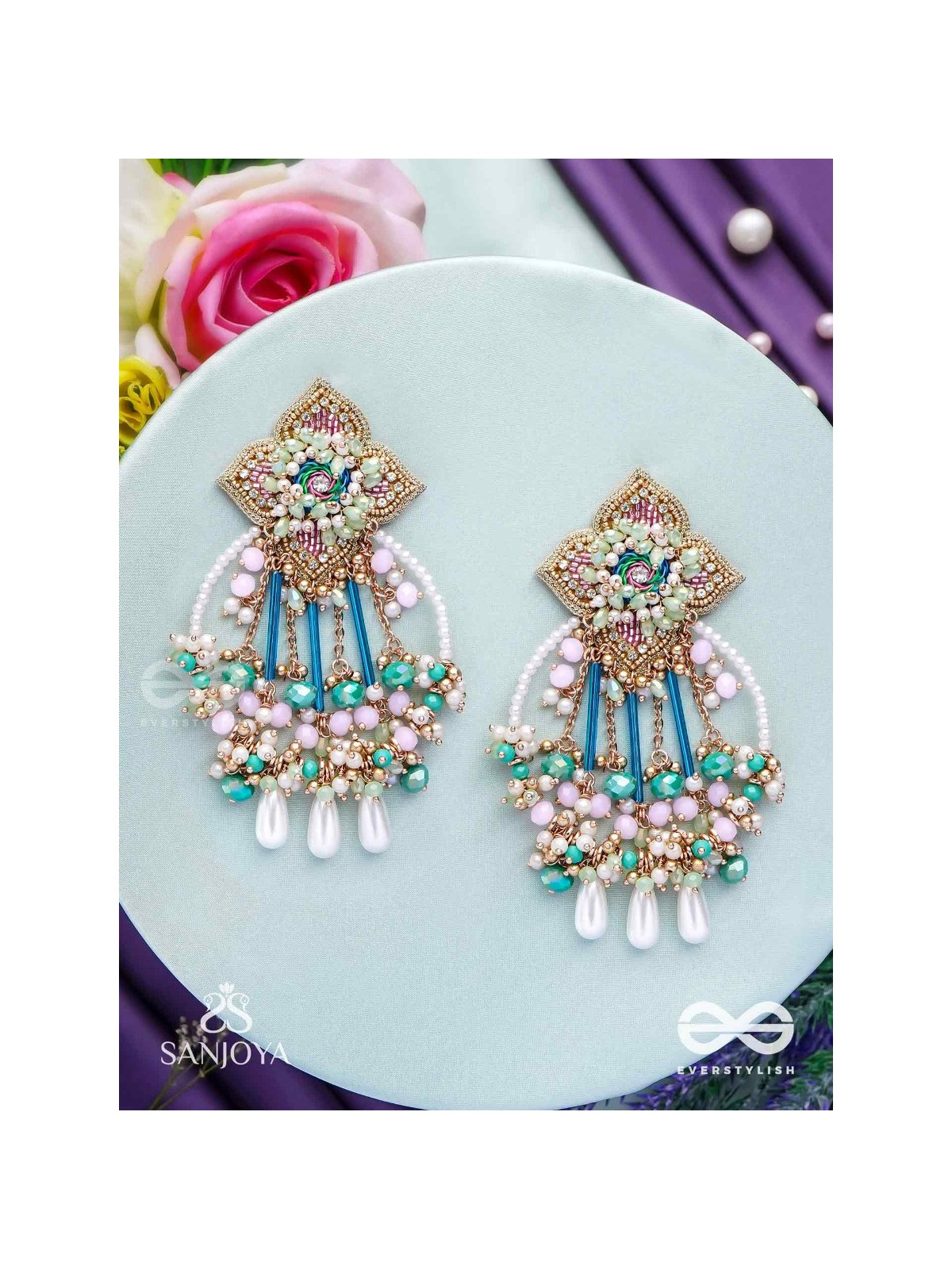 Vasudhara - The flow of colours - Pastel embroidered earrings adorned with beads and pearl danglers