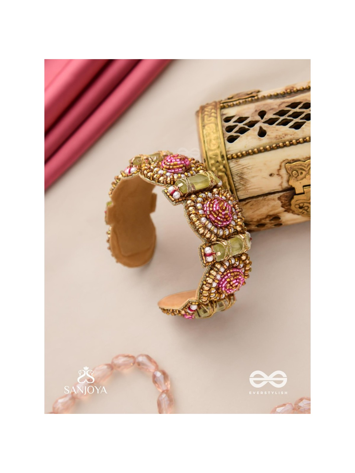 Manikarna - The Regal Gems - Pink and golden beads and stones embroidered bracelet