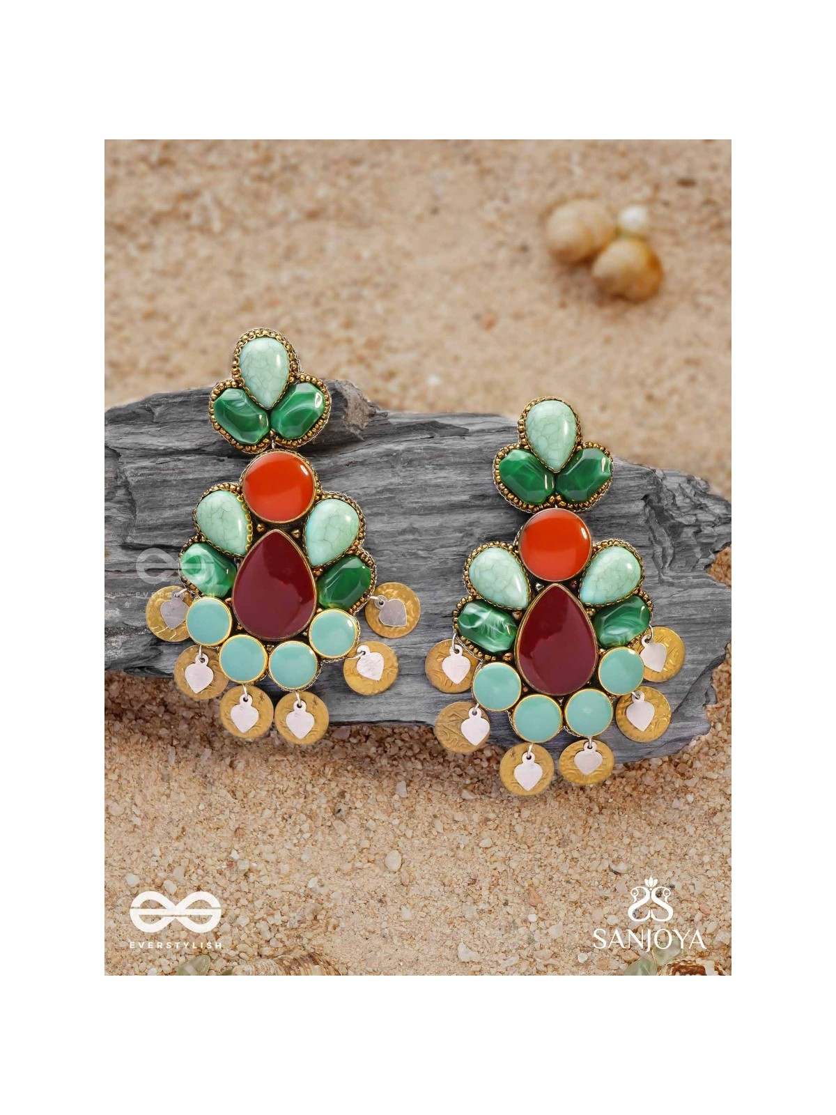 Vikṛtiśīla- Elegant Form-Chunky blue, green, and rust-colored stones with a distinctive golden-silver leaflet design