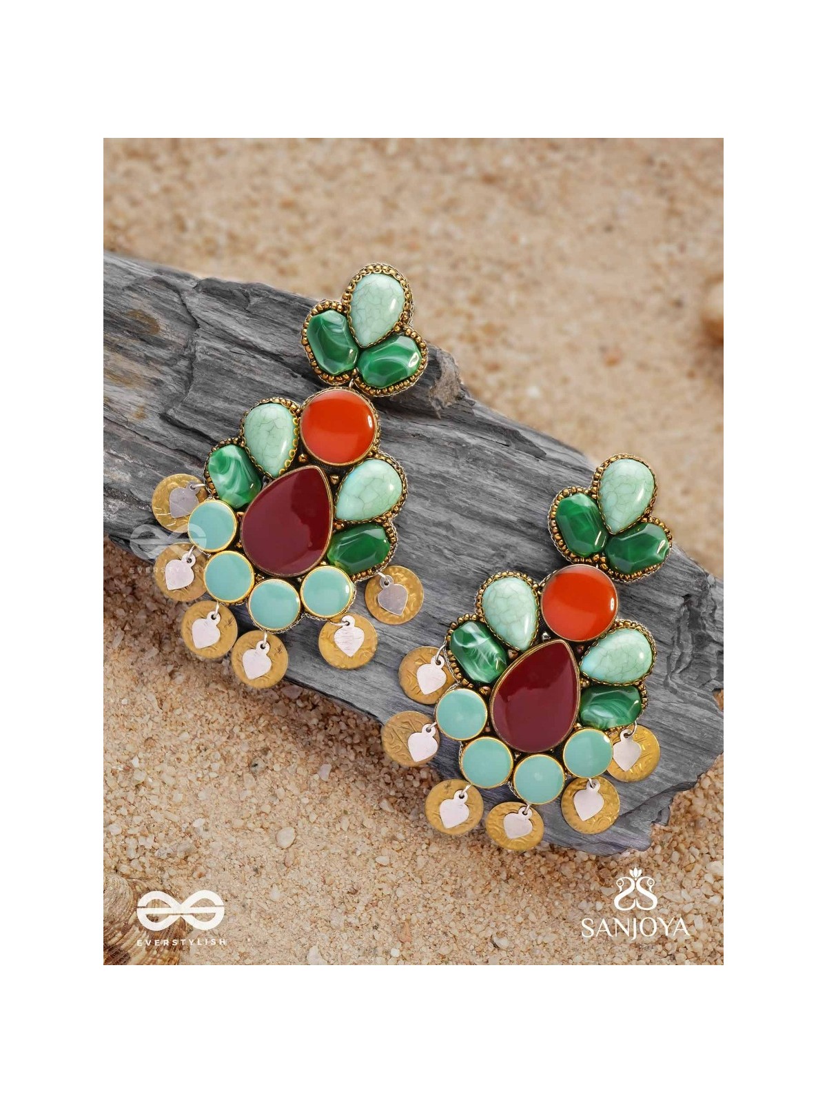 Vikṛtiśīla- Elegant Form-Chunky blue, green, and rust-colored stones with a distinctive golden-silver leaflet design