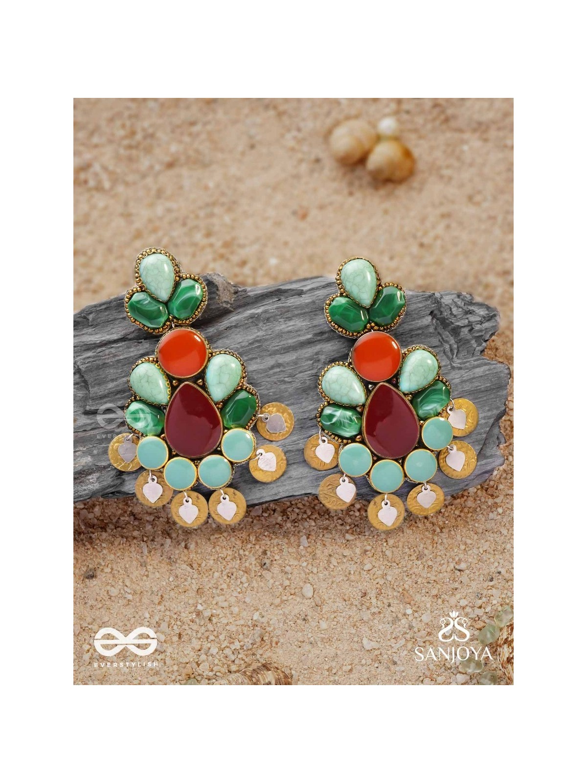 Vikṛtiśīla- Elegant Form-Chunky blue, green, and rust-colored stones with a distinctive golden-silver leaflet design