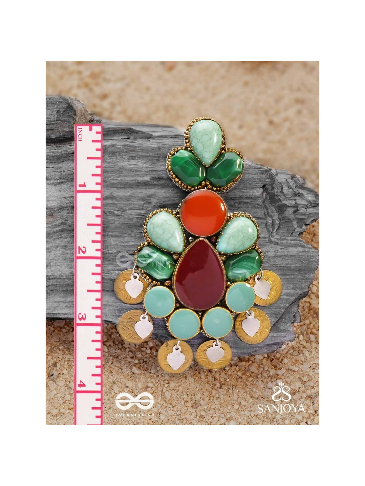 Vikṛtiśīla- Elegant Form-Chunky blue, green, and rust-colored stones with a distinctive golden-silver leaflet design