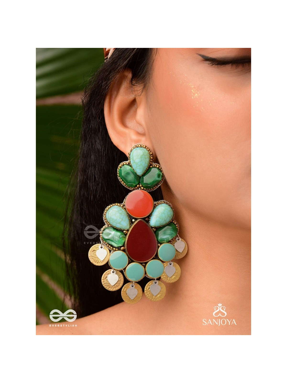 Vikṛtiśīla- Elegant Form-Chunky blue, green, and rust-colored stones with a distinctive golden-silver leaflet design