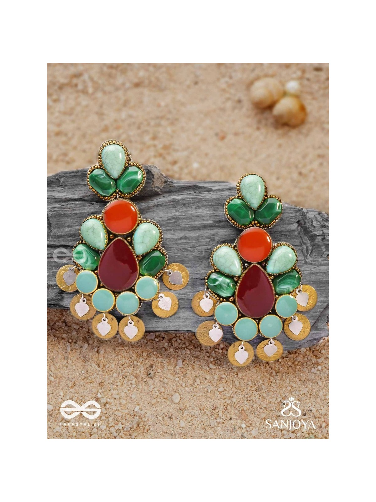 Vikṛtiśīla- Elegant Form-Chunky blue, green, and rust-colored stones with a distinctive golden-silver leaflet design