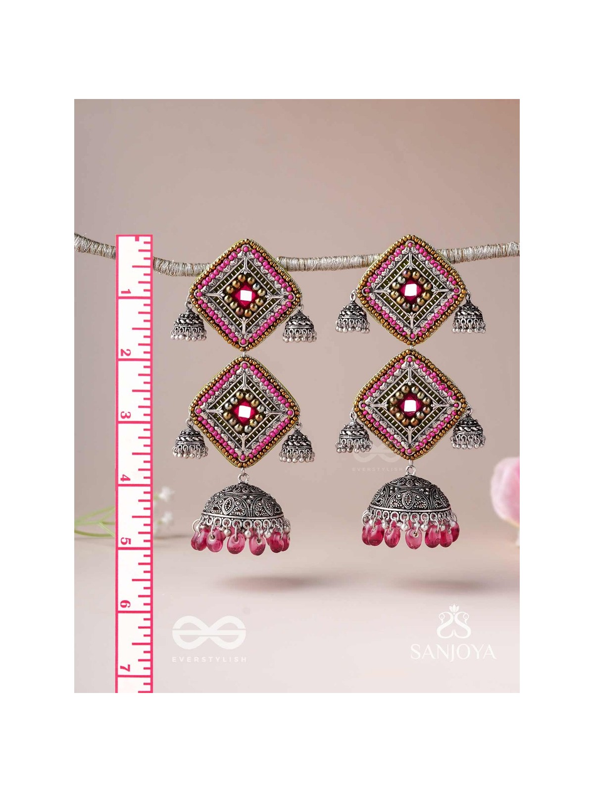 VISHRUTA-CELEBRATED ELEGANCE-STATEMENT OXIDISED JHUMKAS WITH MIRROR, BEADS AND THREAD WORK