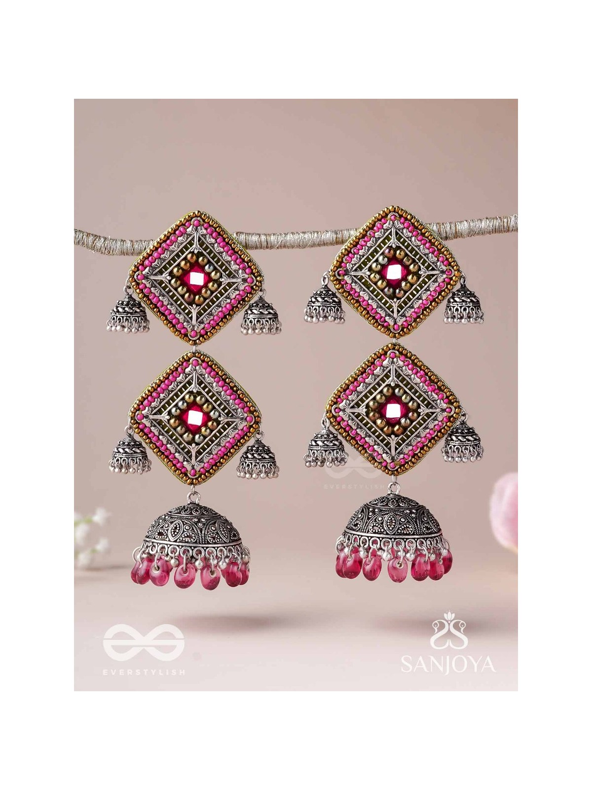VISHRUTA-CELEBRATED ELEGANCE-STATEMENT OXIDISED JHUMKAS WITH MIRROR, BEADS AND THREAD WORK