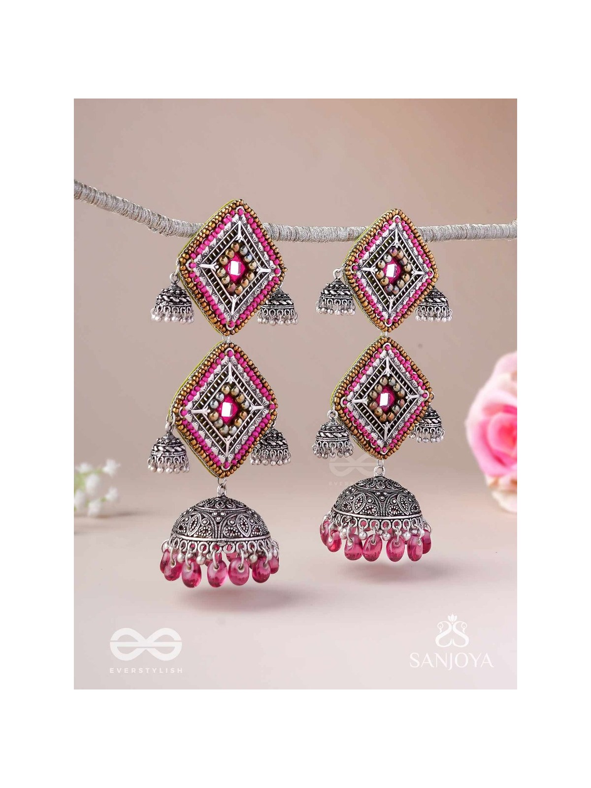 VISHRUTA-CELEBRATED ELEGANCE-STATEMENT OXIDISED JHUMKAS WITH MIRROR, BEADS AND THREAD WORK
