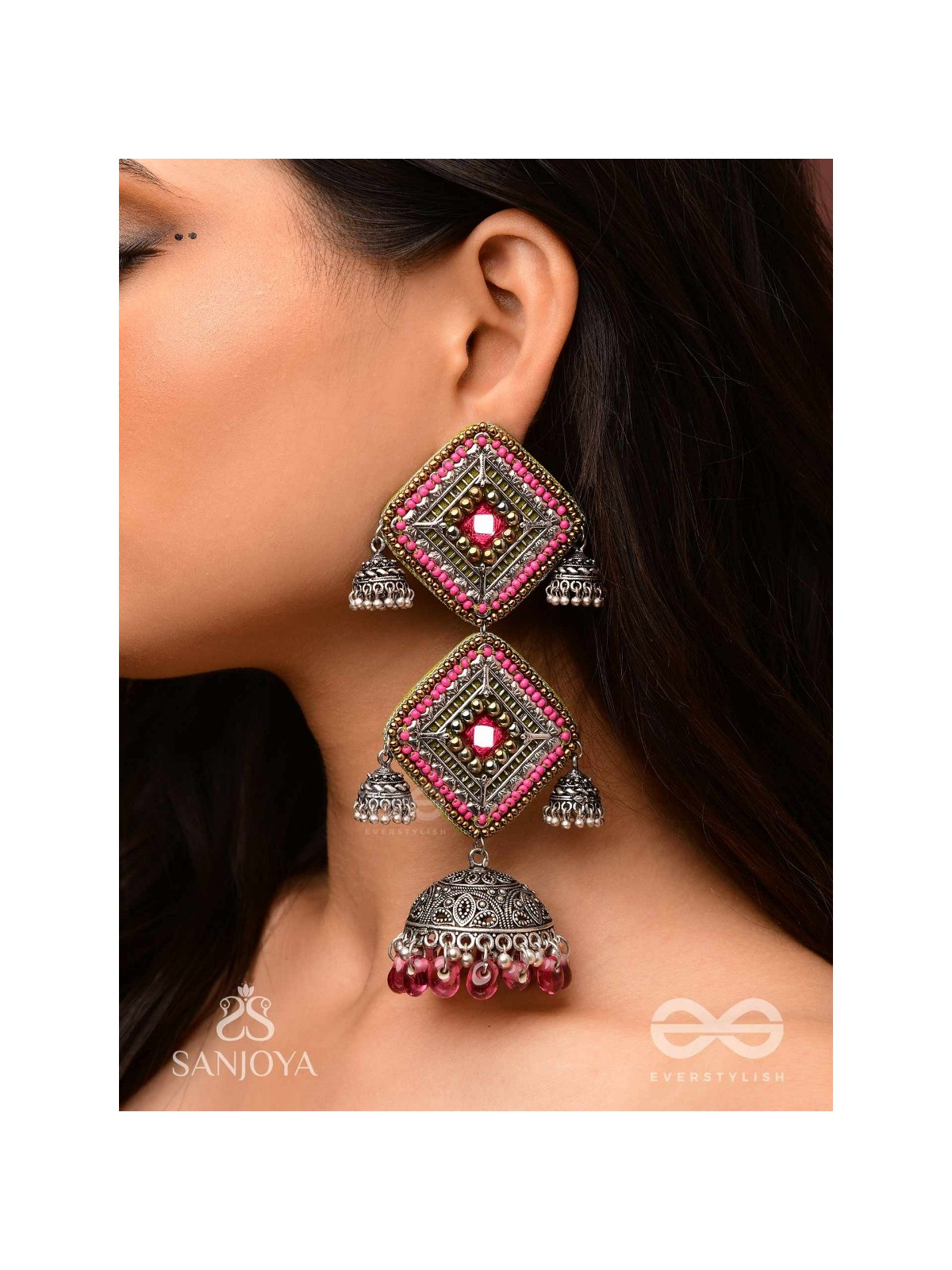 VISHRUTA-CELEBRATED ELEGANCE-STATEMENT OXIDISED JHUMKAS WITH MIRROR, BEADS AND THREAD WORK