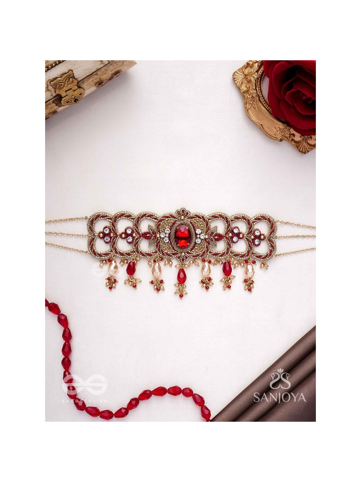 Ratnavati Hara- Adorned with Gemstones- Embroidered Gemstone Neckpiece with Beads & Thread work