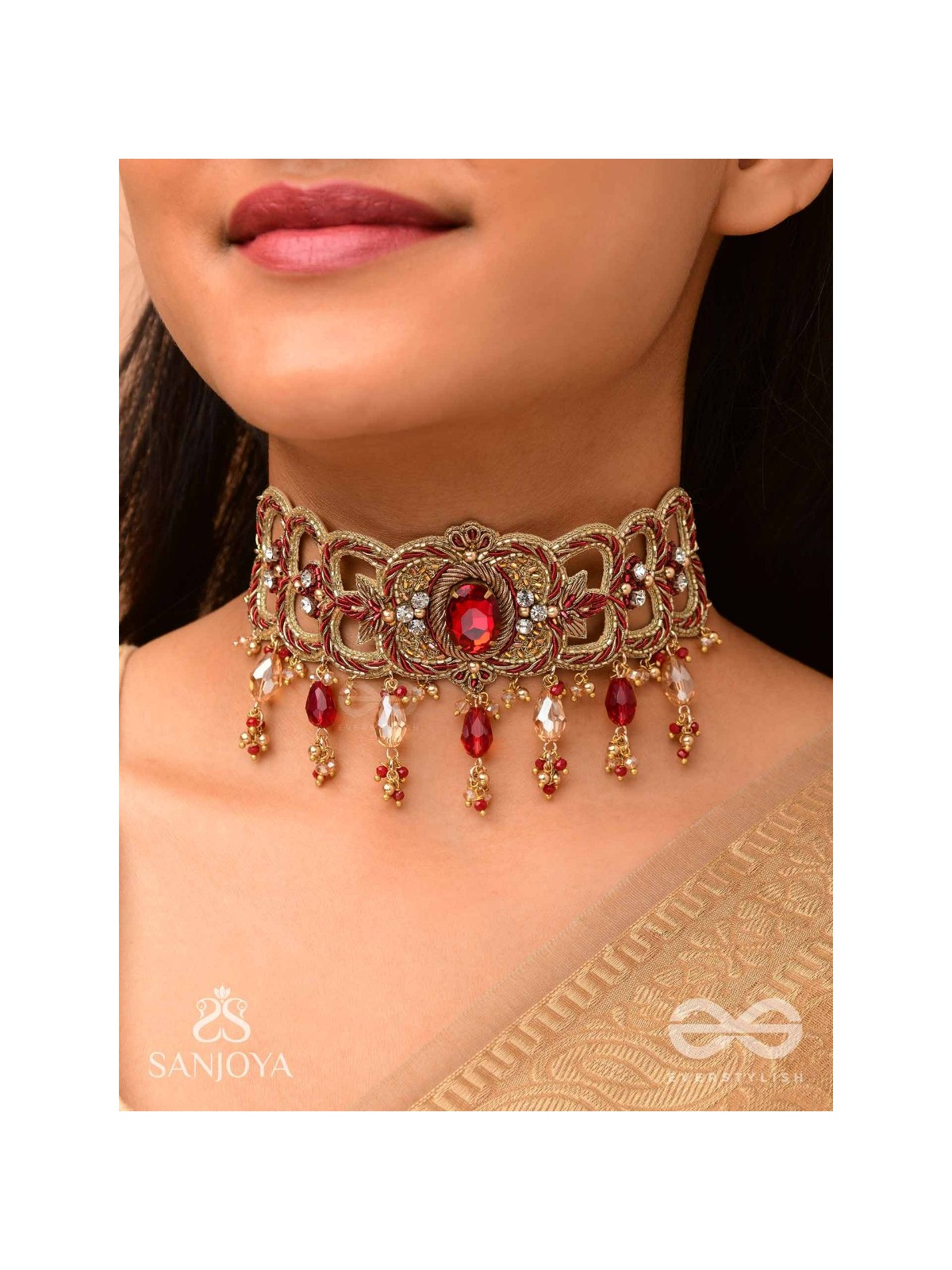 Ratnavati Hara- Adorned with Gemstones- Embroidered Gemstone Neckpiece with Beads & Thread work