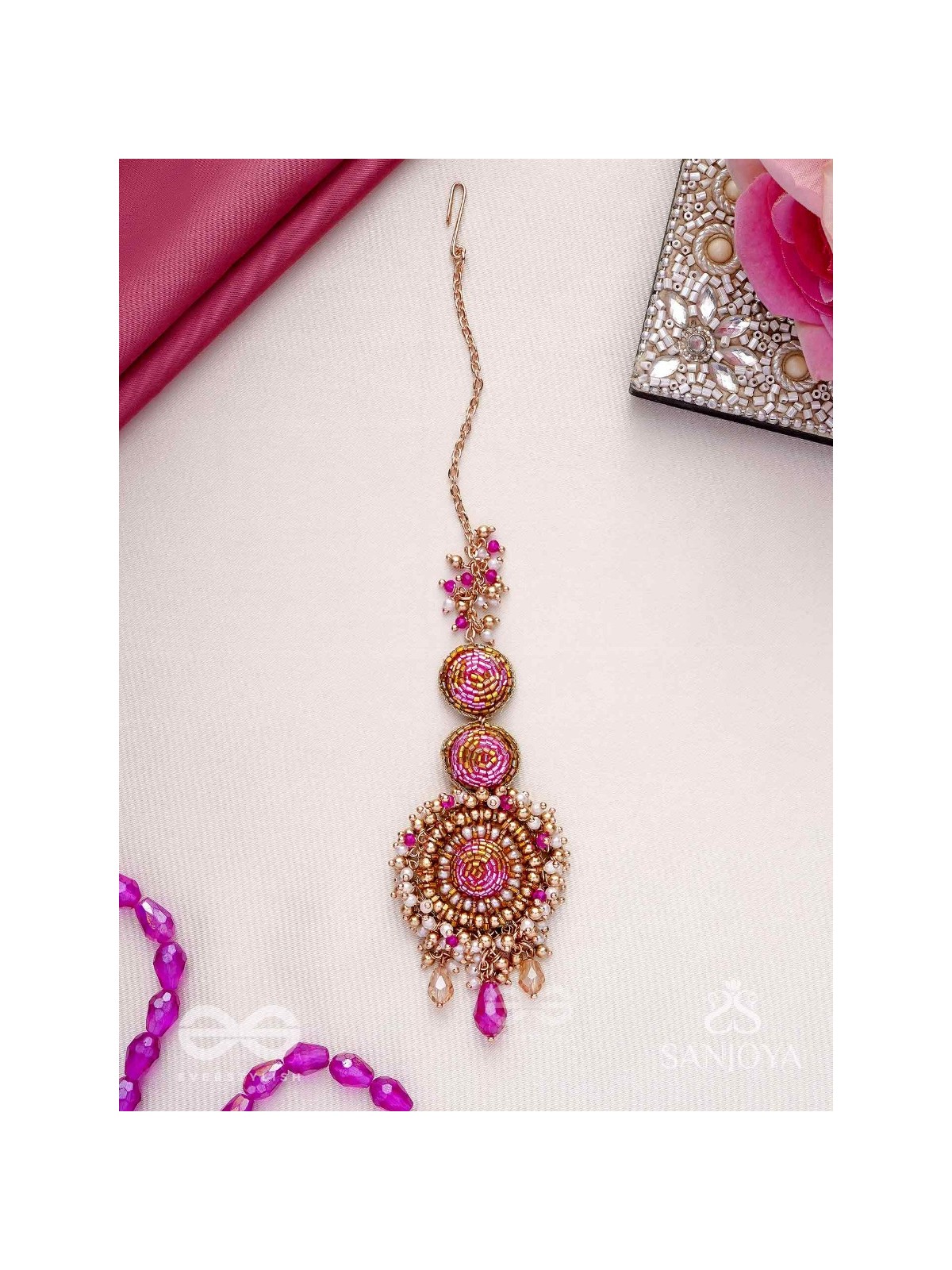 Rakta-Kumudini-Pink Lotus Blossom Hair accessory-Maangtika featuring elegant circular designs with Beads & Stones.