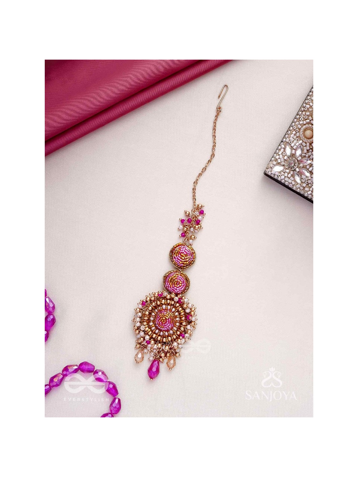 Rakta-Kumudini-Pink Lotus Blossom Hair accessory-Maangtika featuring elegant circular designs with Beads & Stones.