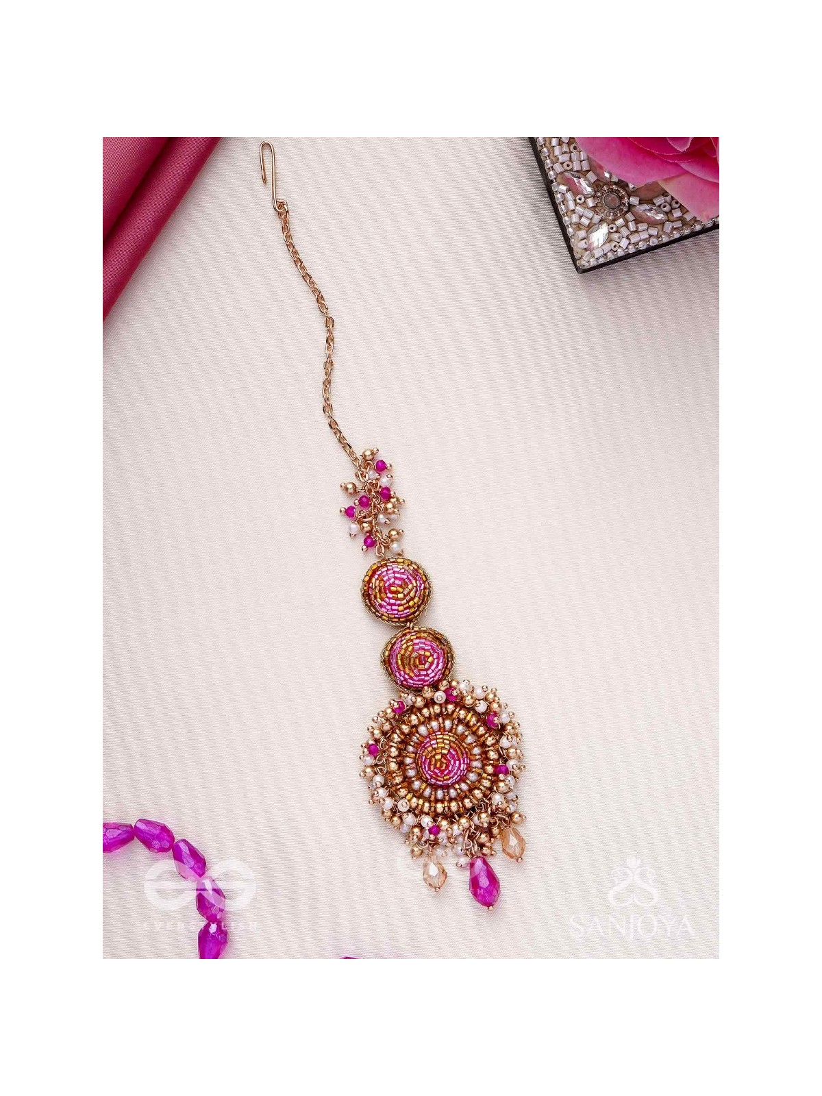 Rakta-Kumudini-Pink Lotus Blossom Hair accessory-Maangtika featuring elegant circular designs with Beads & Stones.