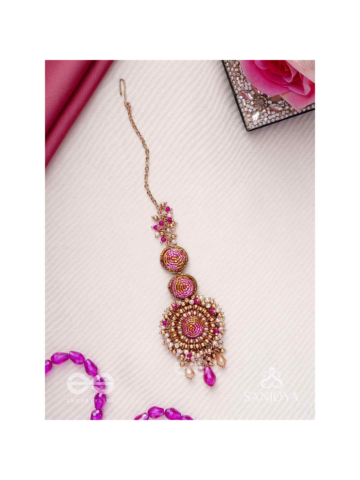 Rakta-Kumudini-Pink Lotus Blossom Hair accessory-Maangtika featuring elegant circular designs with Beads & Stones.