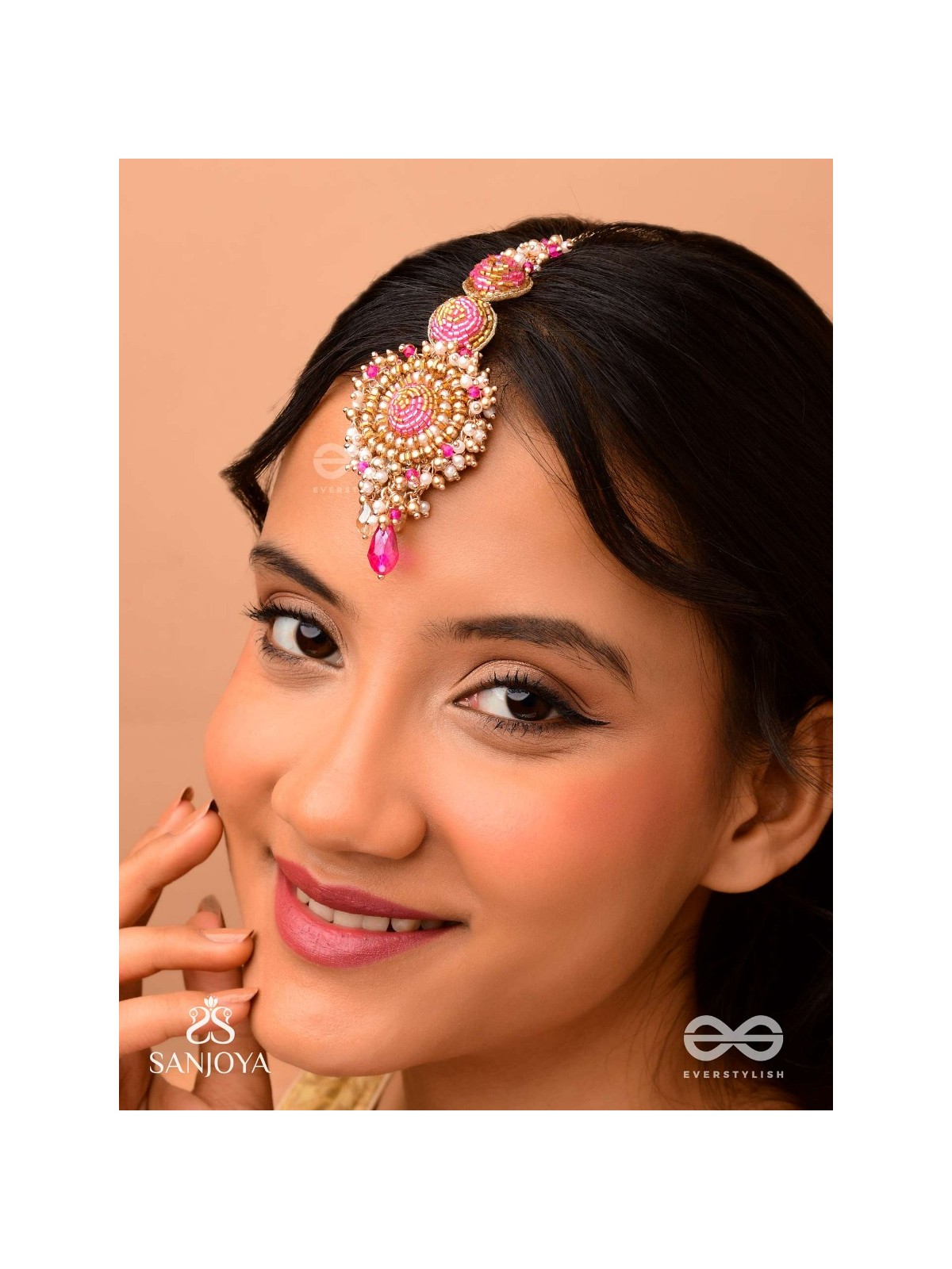 Rakta-Kumudini-Pink Lotus Blossom Hair accessory-Maangtika featuring elegant circular designs with Beads & Stones.