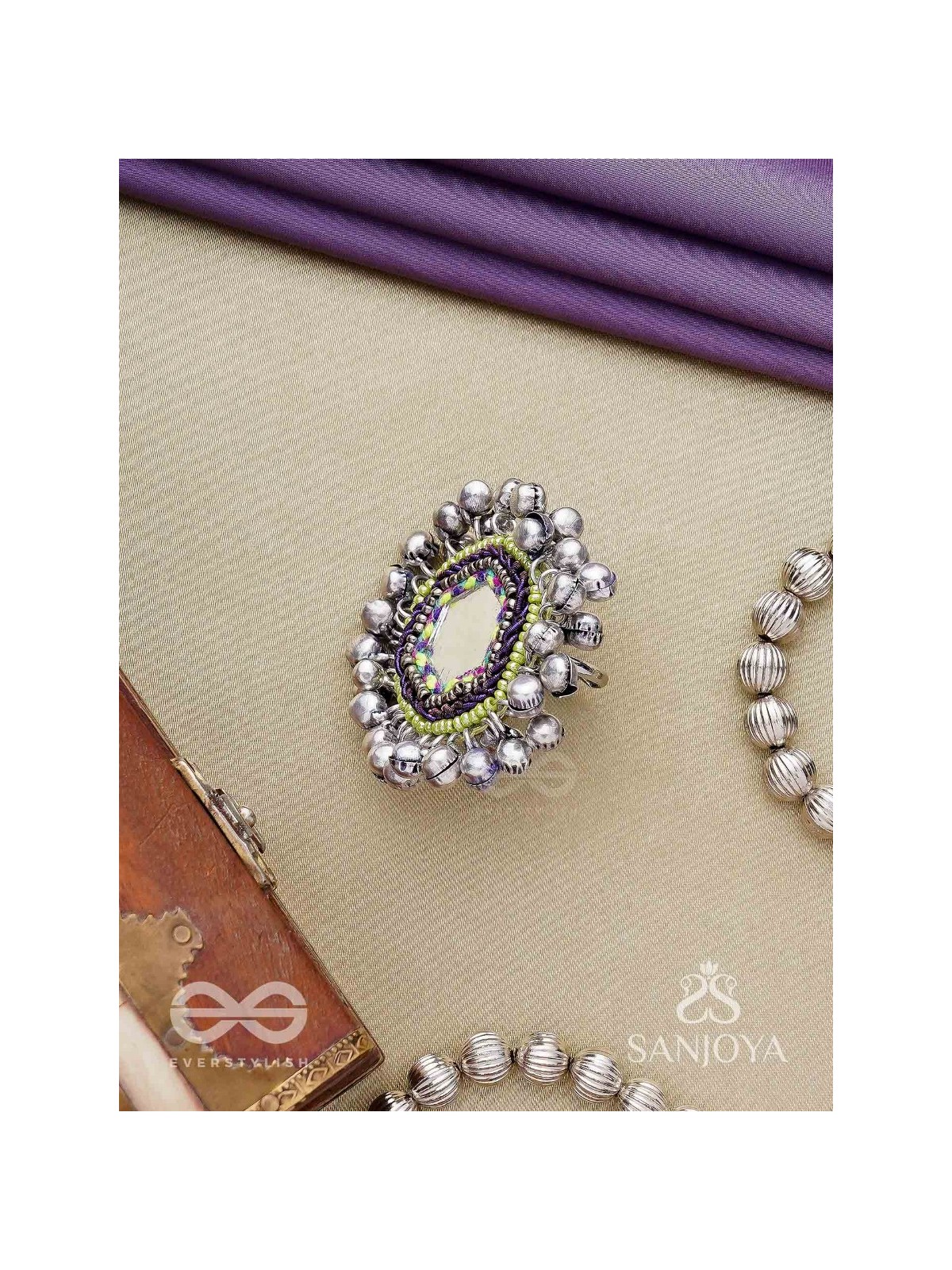 CHANDRA-KANTA-MOONLIT RADIANCE-EMBROIDERED OXIDISED RING WITH BEADS AND GHUNGROO