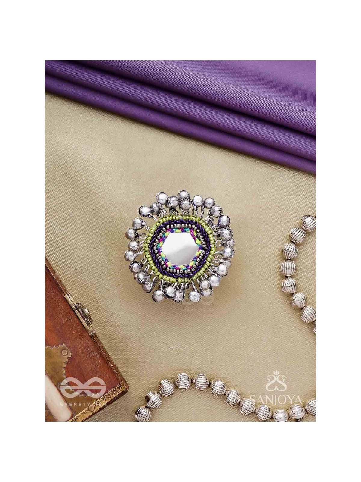 CHANDRA-KANTA-MOONLIT RADIANCE-EMBROIDERED OXIDISED RING WITH BEADS AND GHUNGROO