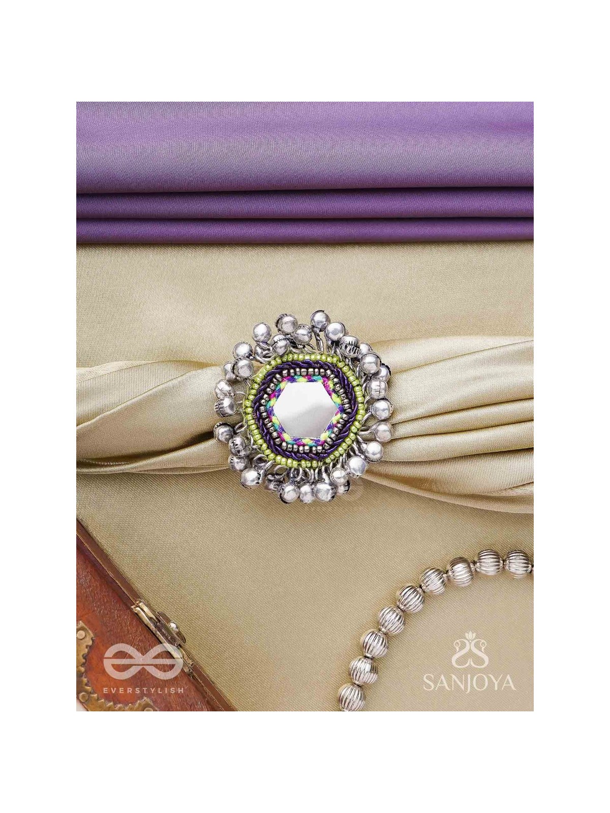 CHANDRA-KANTA-MOONLIT RADIANCE-EMBROIDERED OXIDISED RING WITH BEADS AND GHUNGROO