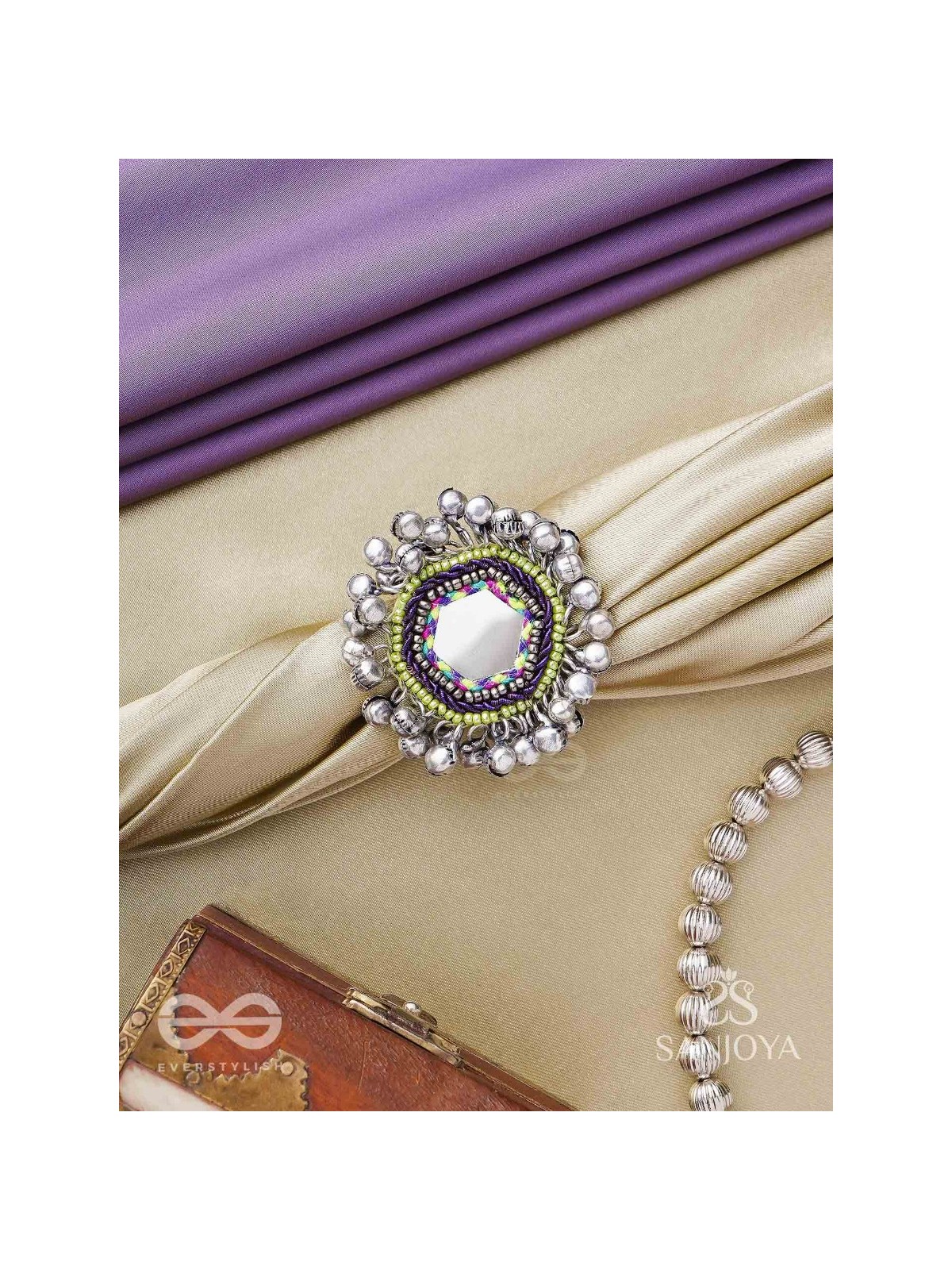 CHANDRA-KANTA-MOONLIT RADIANCE-EMBROIDERED OXIDISED RING WITH BEADS AND GHUNGROO