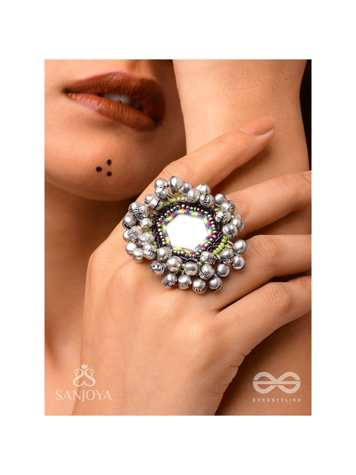 CHANDRA-KANTA-MOONLIT RADIANCE-EMBROIDERED OXIDISED RING WITH BEADS AND GHUNGROO