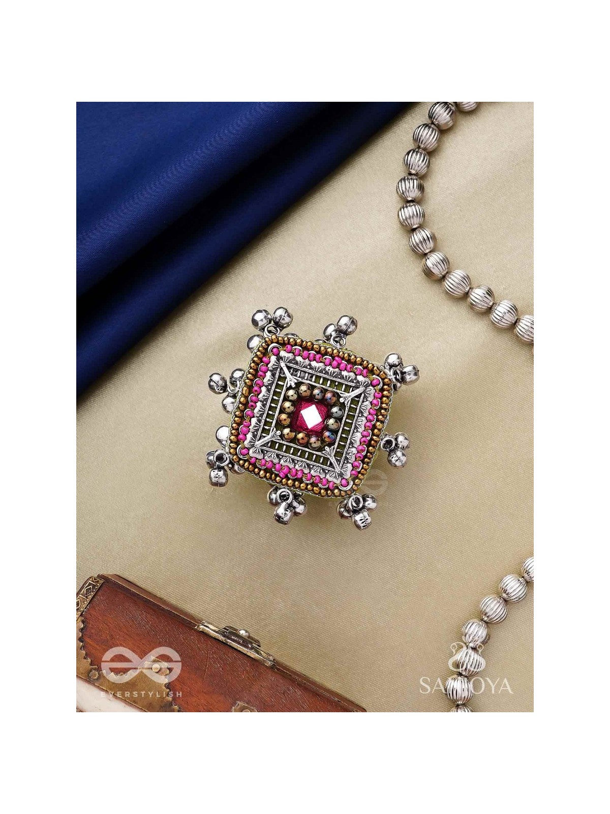 Chaturmukhi-Four-Faced- Oxidized embroidered ring features ghunghroo, beads & mirror. 