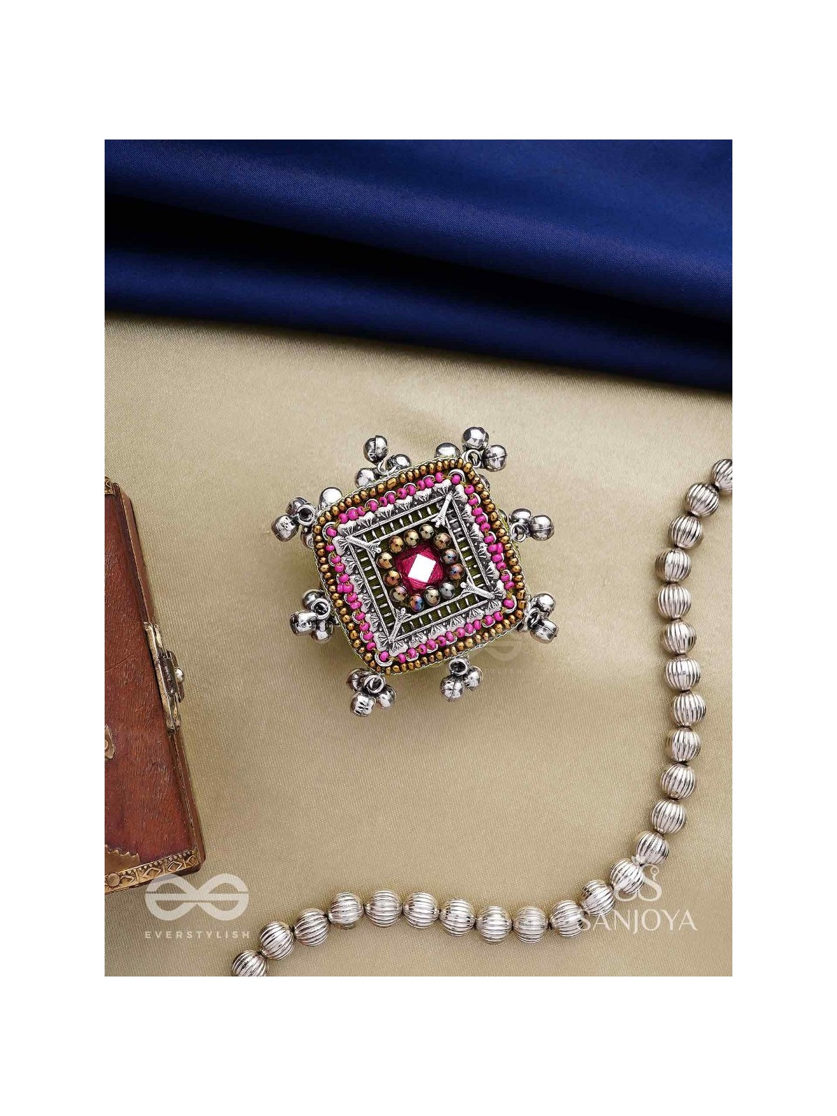 Chaturmukhi-Four-Faced- Oxidized embroidered ring features ghunghroo, beads & mirror. 