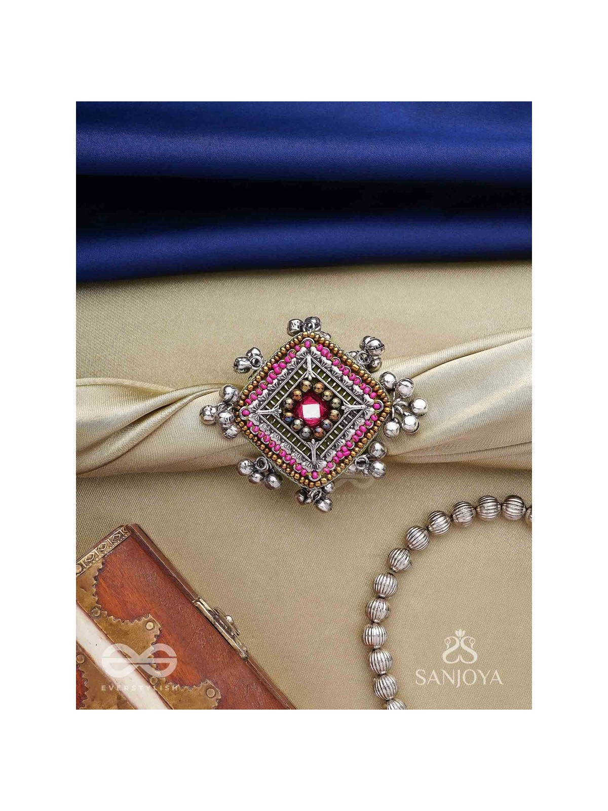 Chaturmukhi-Four-Faced- Oxidized embroidered ring features ghunghroo, beads & mirror. 