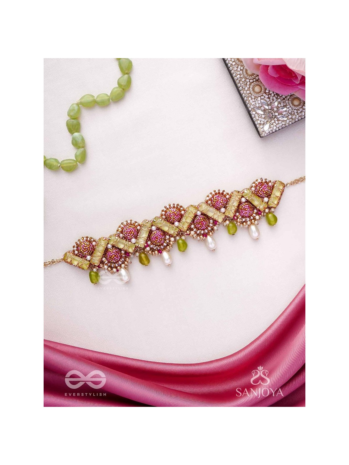 Manimekhala-Bejewelled Girdle-Choker adorned with pink and gold gemstones, beads and delicate pearl drops.