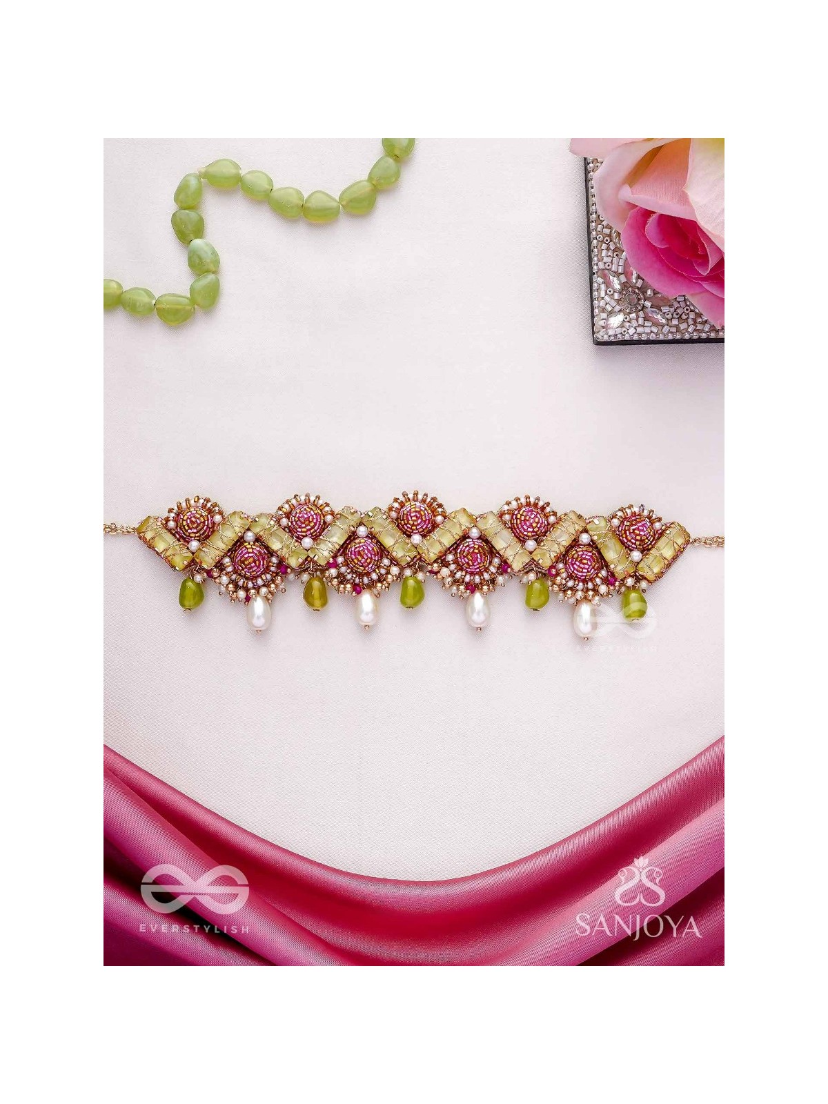 Manimekhala-Bejewelled Girdle-Choker adorned with pink and gold gemstones, beads and delicate pearl drops.