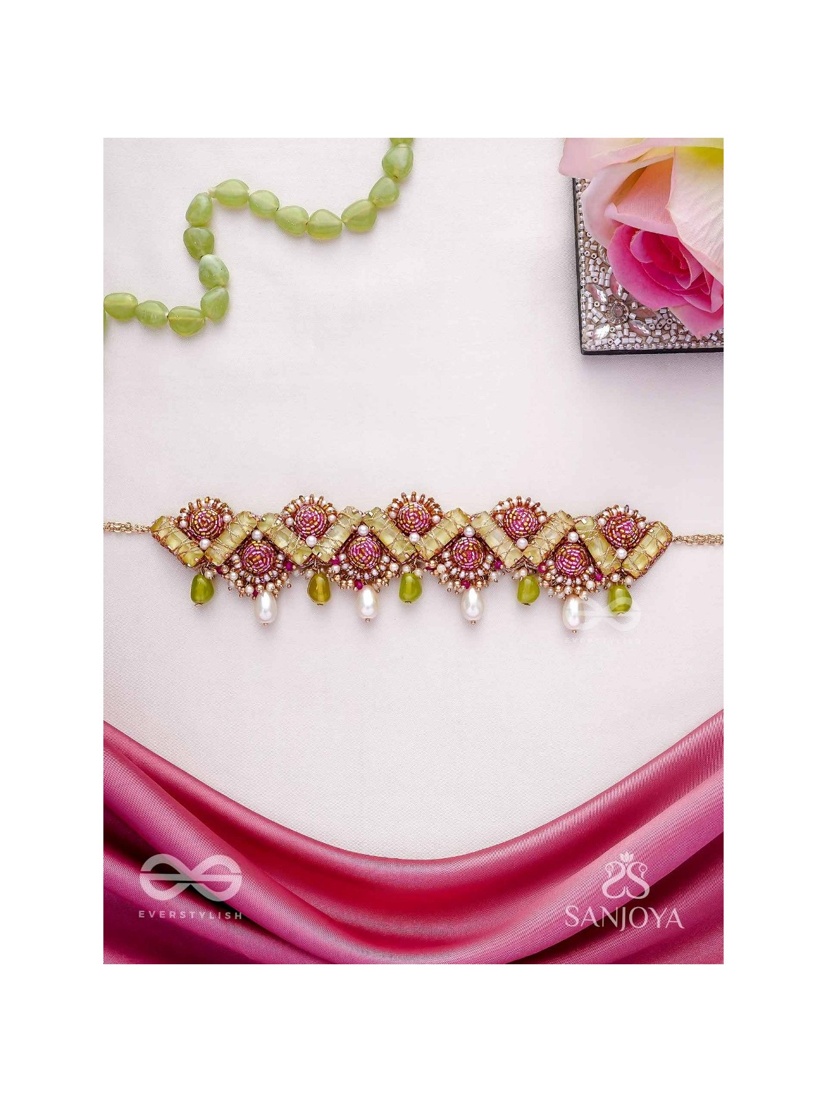 Manimekhala-Bejewelled Girdle-Choker adorned with pink and gold gemstones, beads and delicate pearl drops.