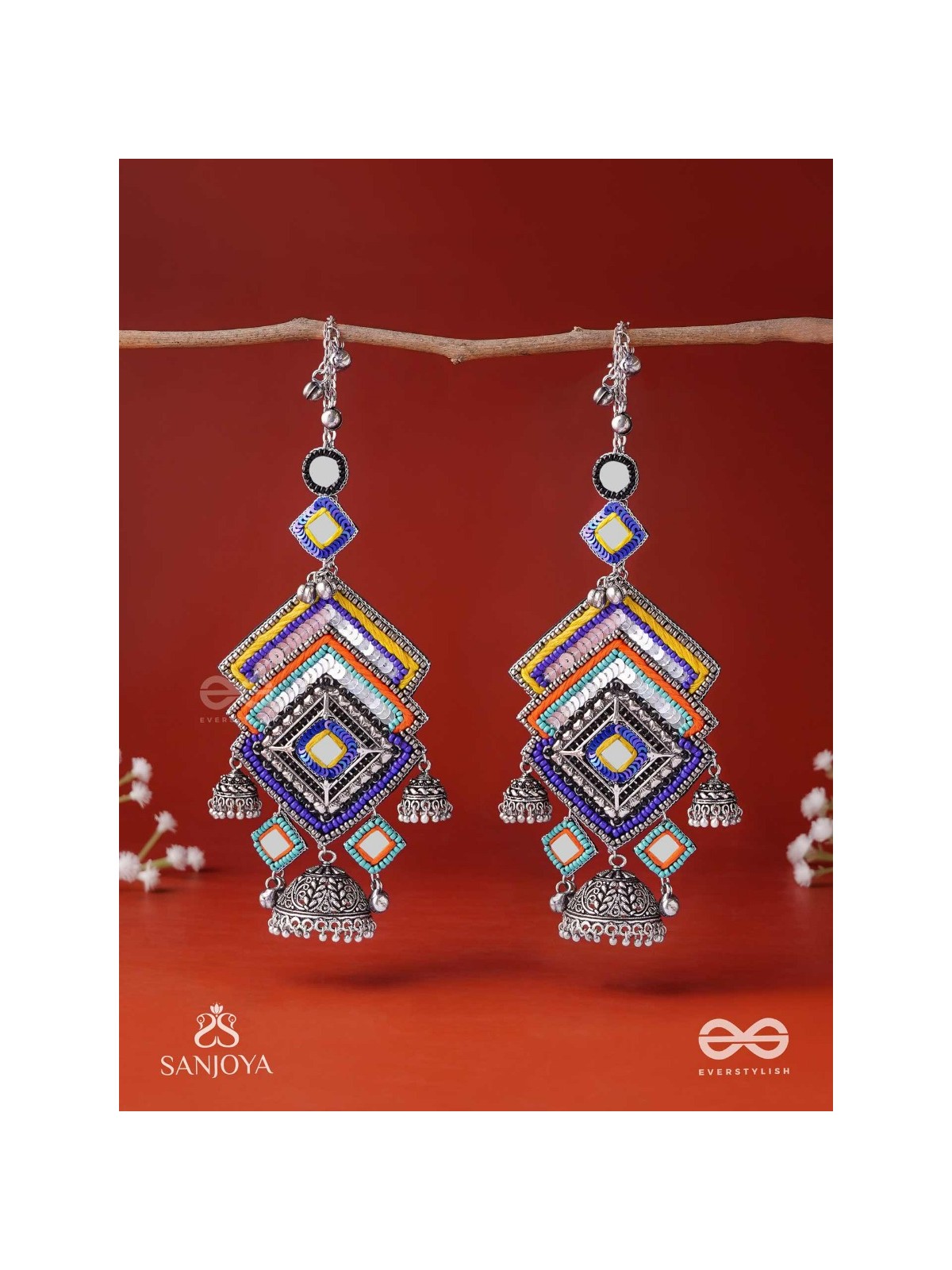 Pratibimbā-Reflective Jhumka-Brick stitch pattern earrings with geometric mirror inlays, thread work and jhumkas.
