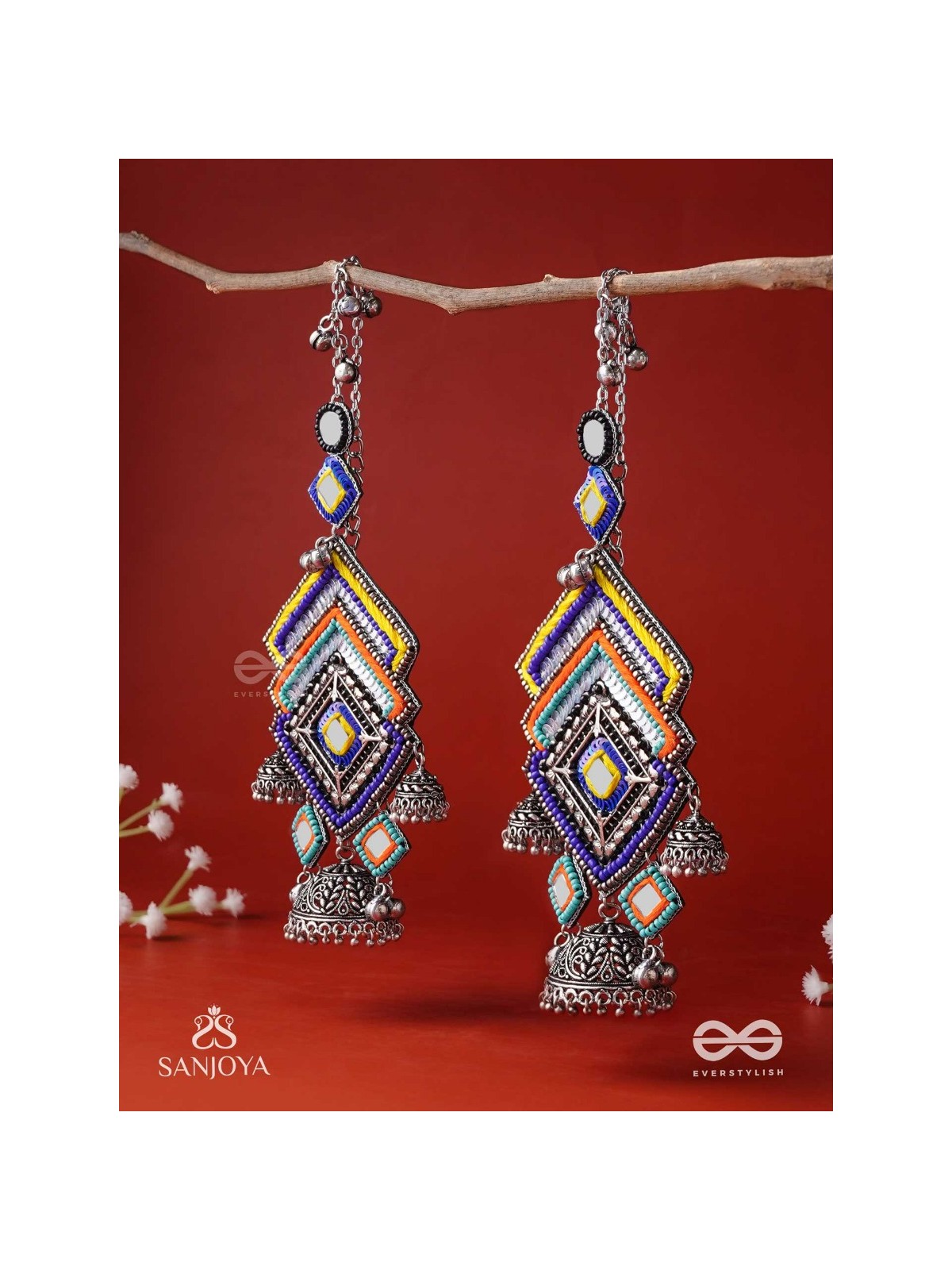 Pratibimbā-Reflective Jhumka-Brick stitch pattern earrings with geometric mirror inlays, thread work and jhumkas.