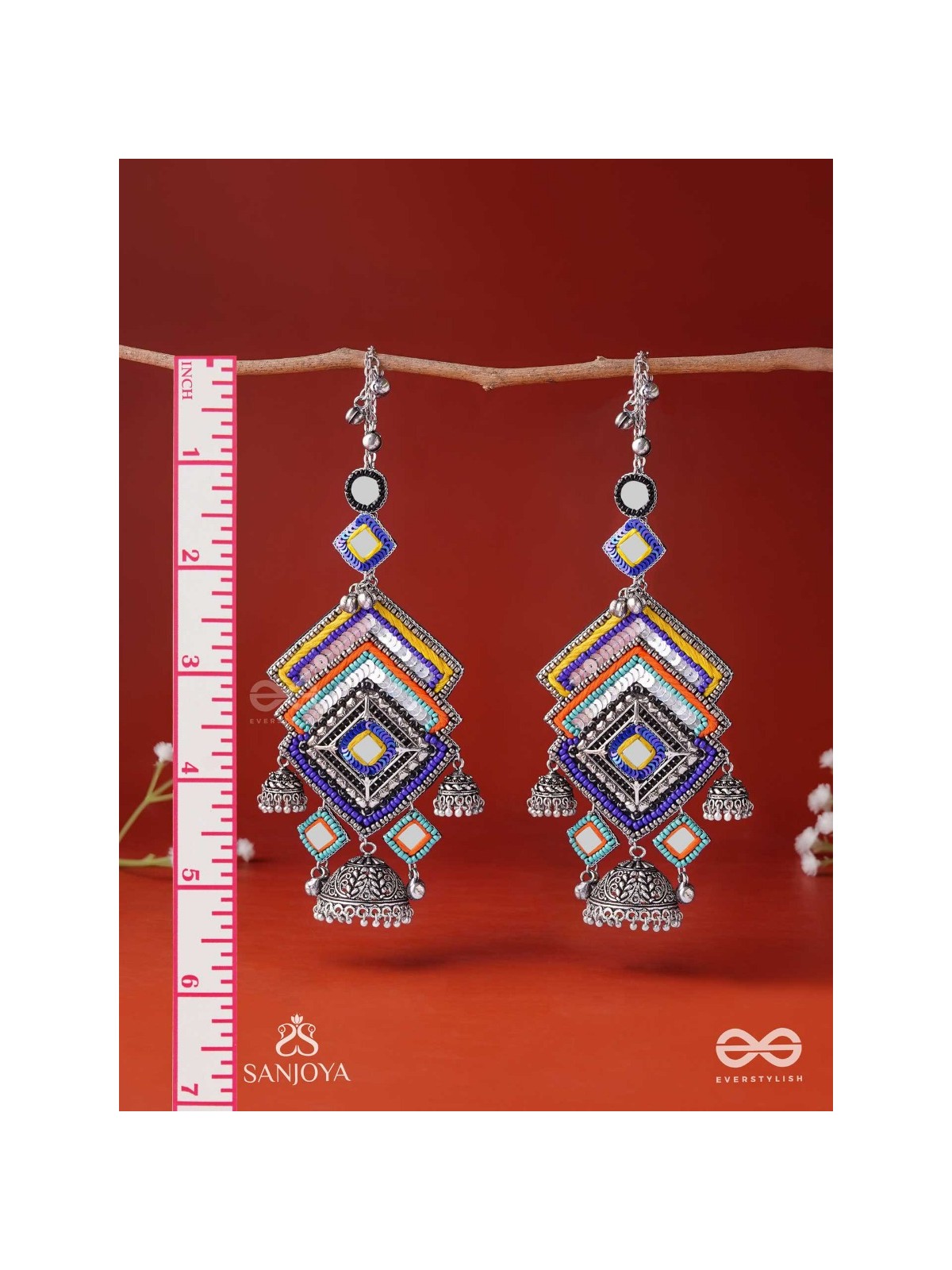 Pratibimbā-Reflective Jhumka-Brick stitch pattern earrings with geometric mirror inlays, thread work and jhumkas.