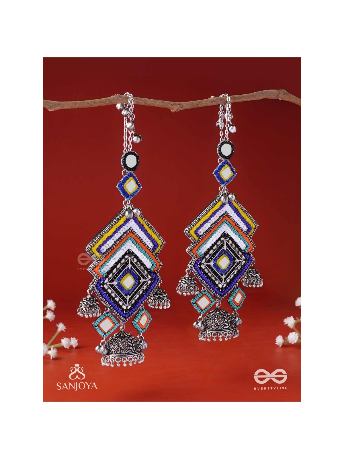 Pratibimbā-Reflective Jhumka-Brick stitch pattern earrings with geometric mirror inlays, thread work and jhumkas.