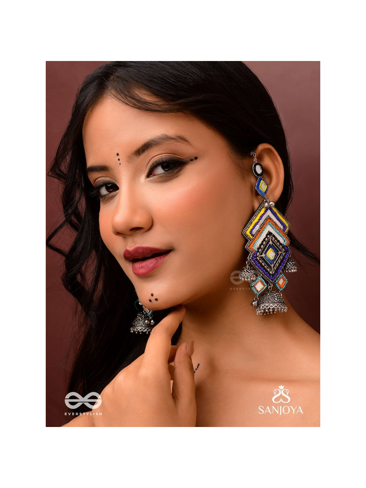 Pratibimbā-Reflective Jhumka-Brick stitch pattern earrings with geometric mirror inlays, thread work and jhumkas.