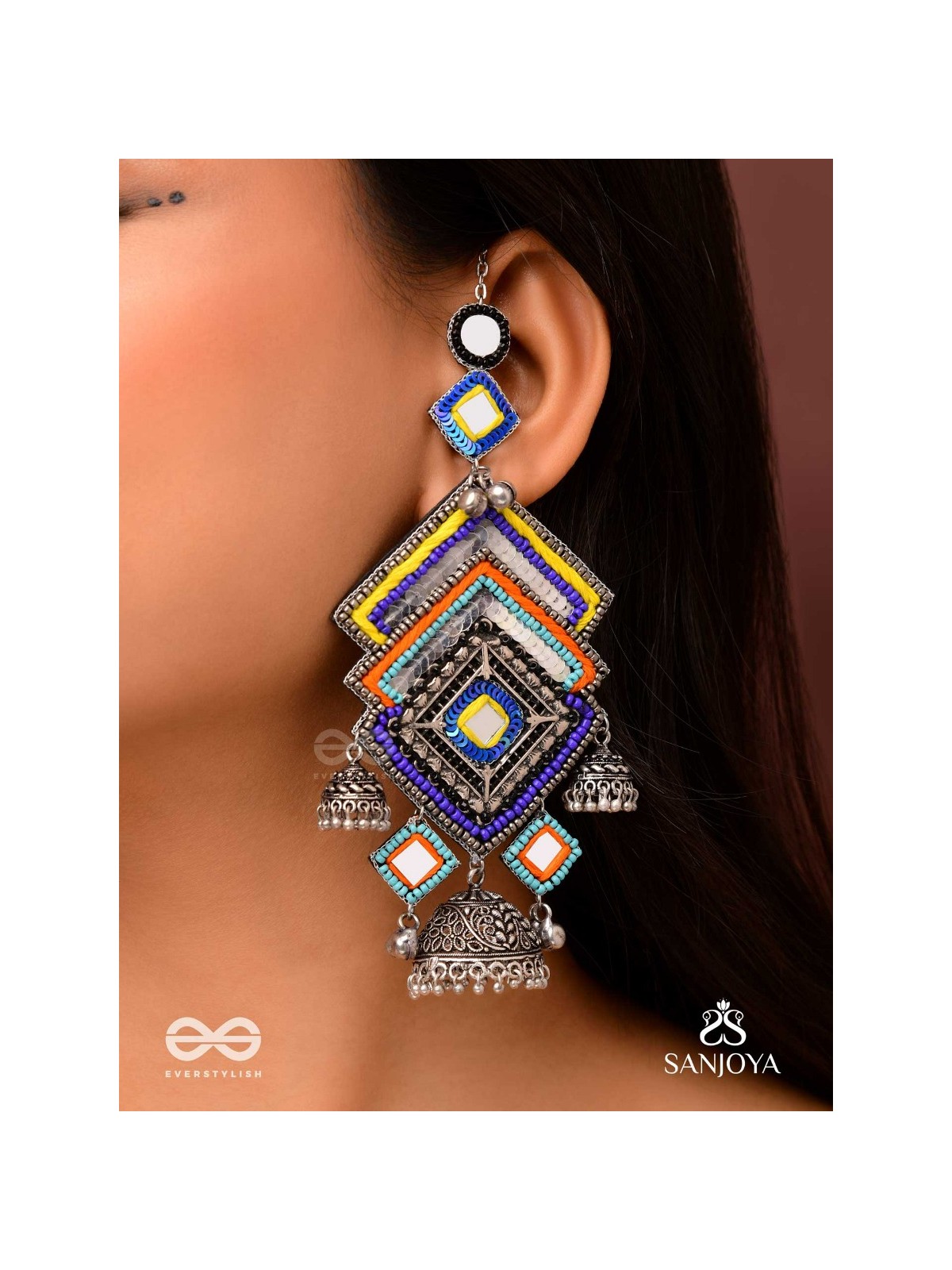 Pratibimbā-Reflective Jhumka-Brick stitch pattern earrings with geometric mirror inlays, thread work and jhumkas.