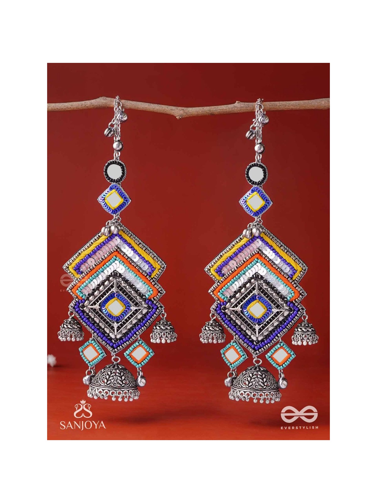 Pratibimbā-Reflective Jhumka-Brick stitch pattern earrings with geometric mirror inlays, thread work and jhumkas.