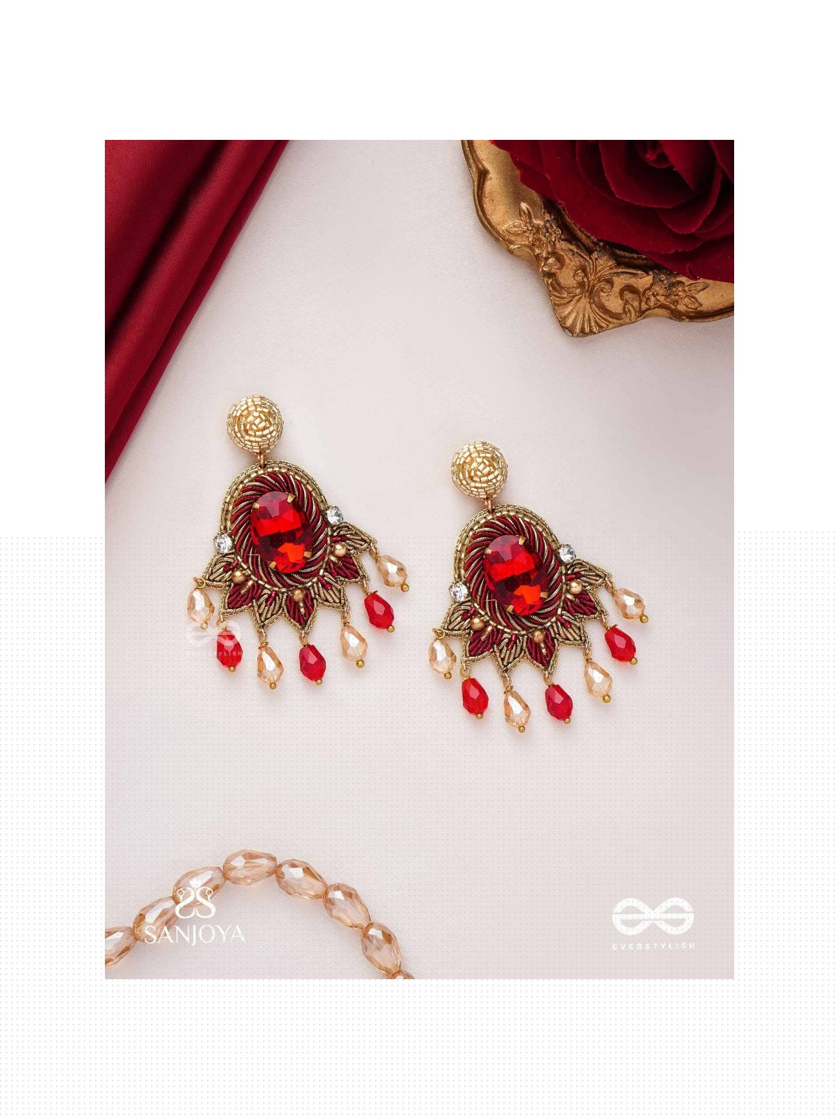 RAKTAVARNA-RED HUE HAND-EMBROIDERED EARRINGS IN RED AND GOLD TONES, FEATURING STONES, GLASS BEADS, AND INTRICATE RESHAM THREAD WORK