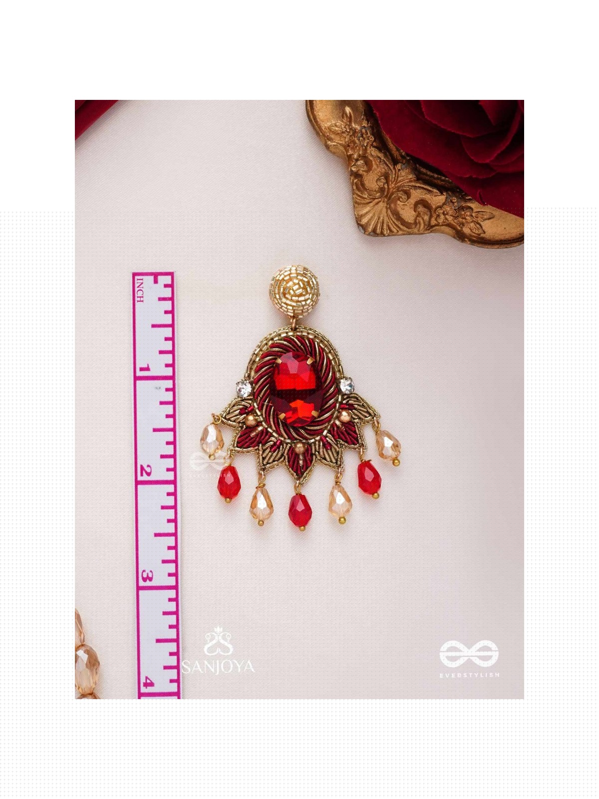 RAKTAVARNA-RED HUE HAND-EMBROIDERED EARRINGS IN RED AND GOLD TONES, FEATURING STONES, GLASS BEADS, AND INTRICATE RESHAM THREAD WORK